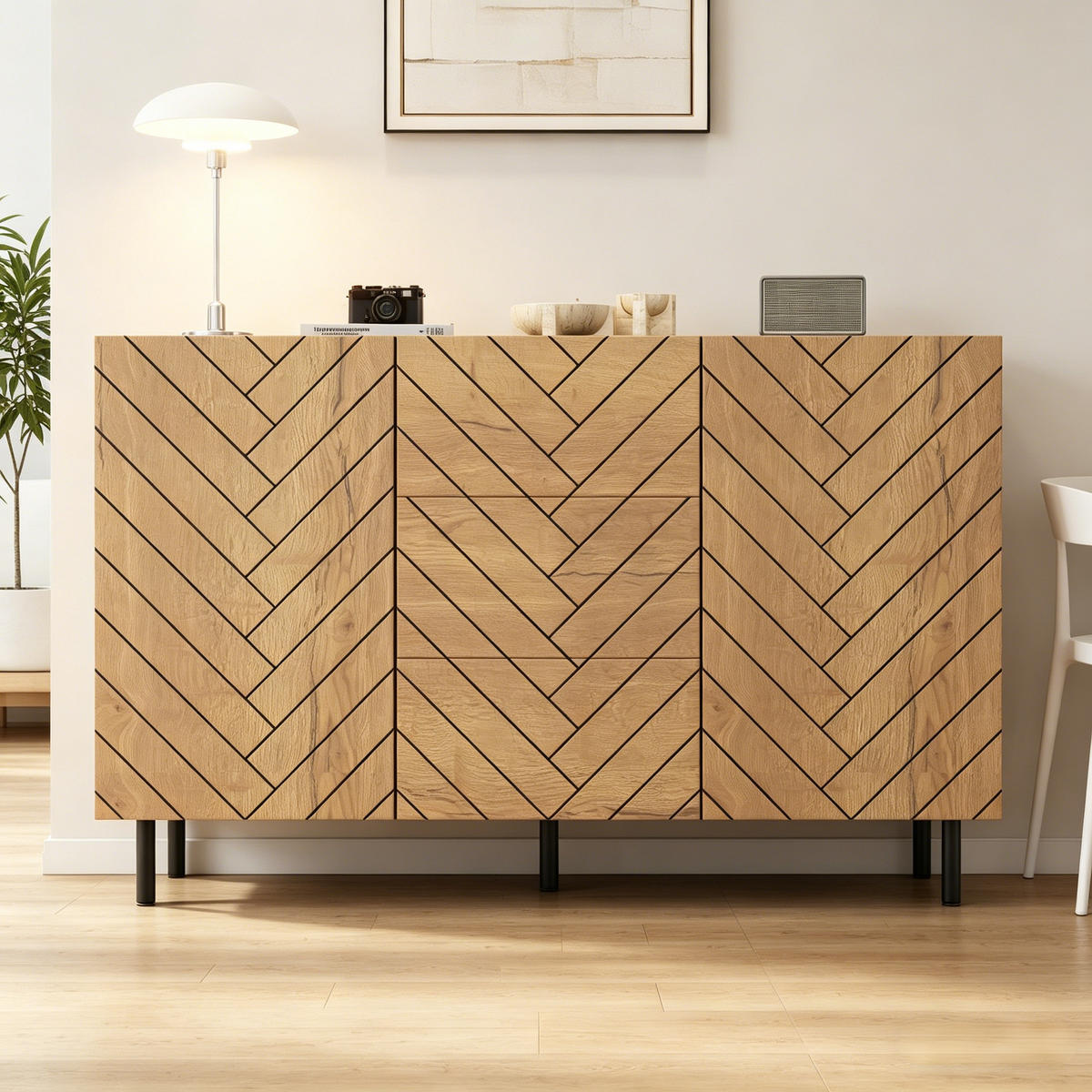 SIDEBOARD 3 Schubladen 2 Türen 120cm Stauraumschrank Modern - Naturfarben, Holzwerkstoff (120/76/40cm) - FLIEKS