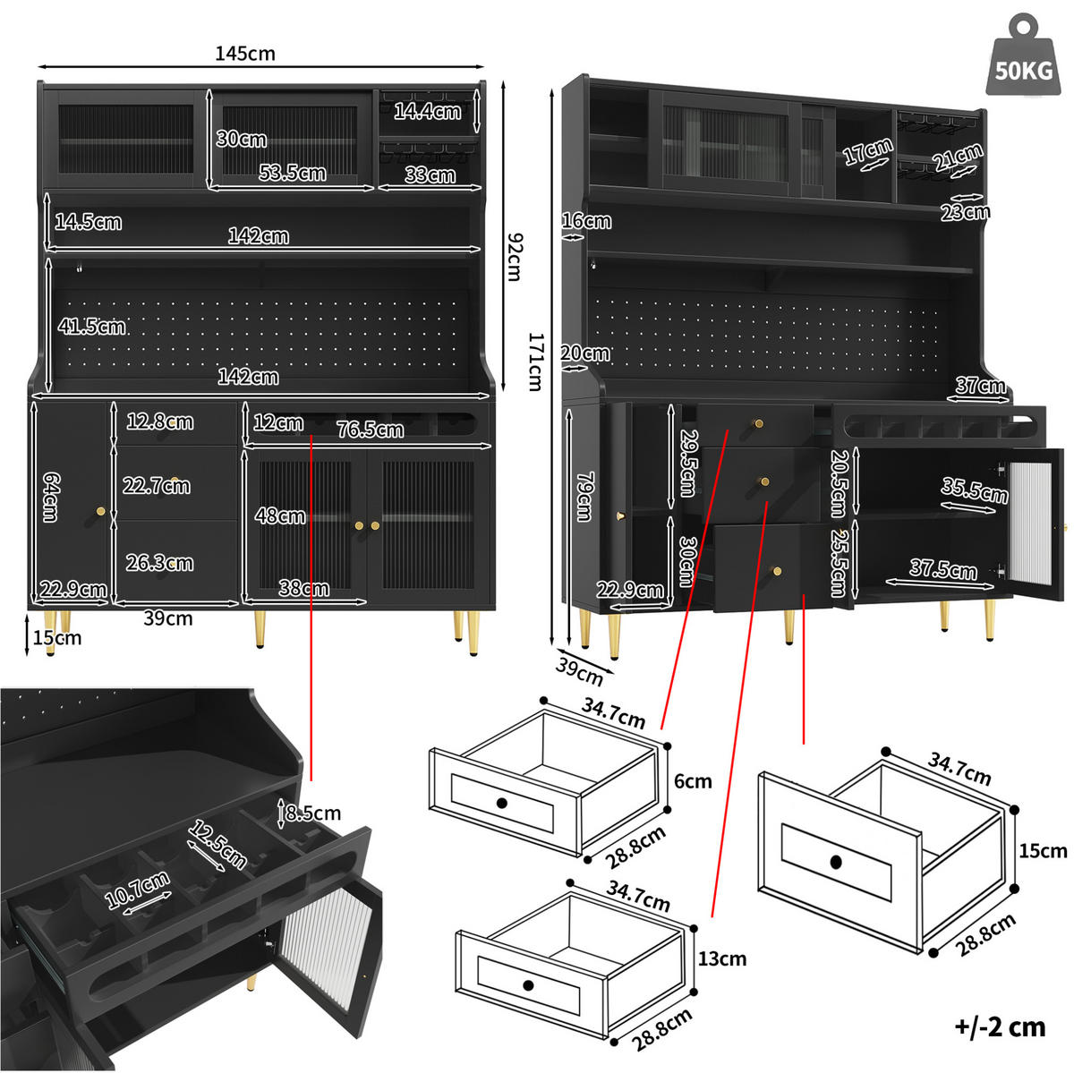 BUFFET 145/39/171 cm schwarz aus Glas und MDF mit LED - Schwarz, Glas (145/171/39cm) - OKWISH
