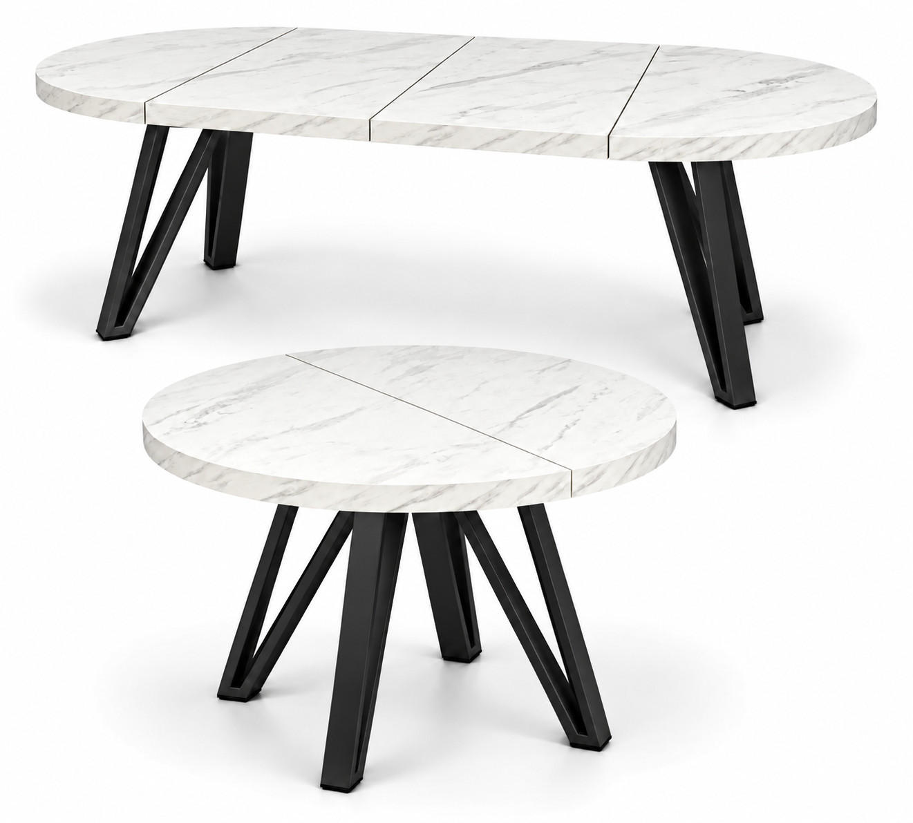 ESSTISCH rund ausziehbar 110/210/76 cm, Marmor, 54 cm Tischplatte + Industrial Metallgestell Schwarz - Hellgrau/Schwarz, Holzwerkstoff/Metall (110/210/76cm) - Damale Möbel