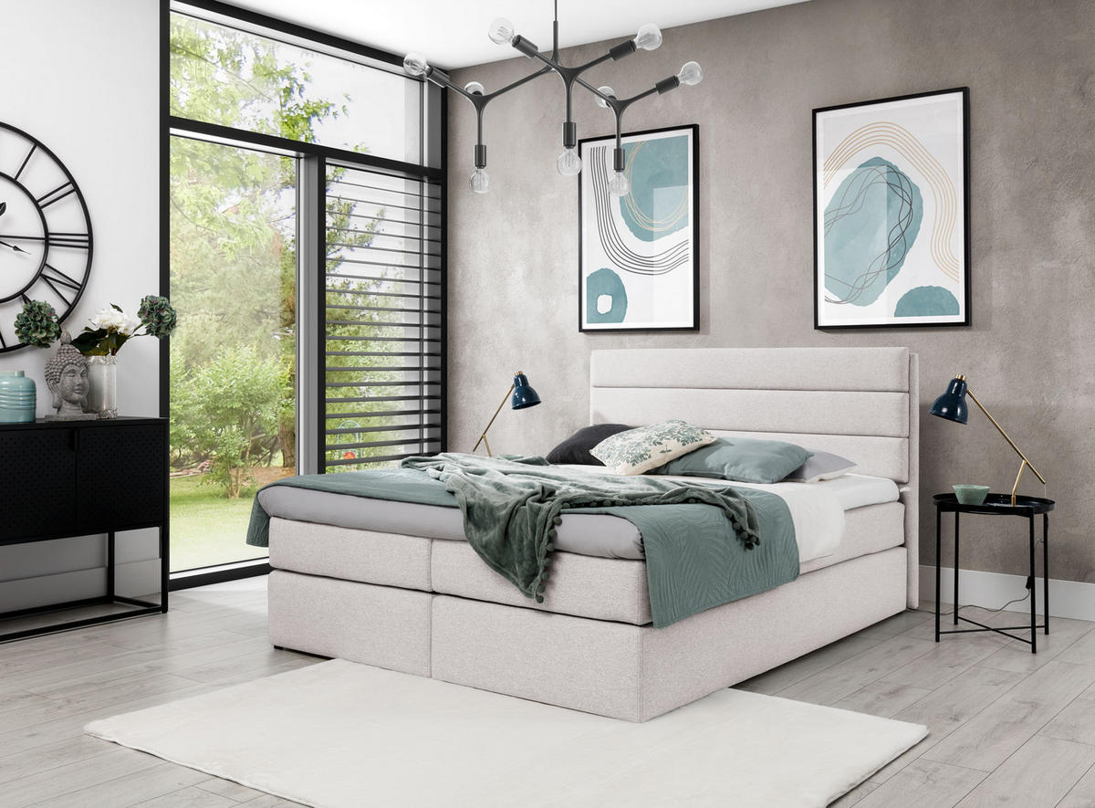 BOXBETT Sequoio 160/200 cm in Creme – mit Matratze und Topper - Creme/Schwarz, Holz/Holzwerkstoff (160/200cm) - AX Living