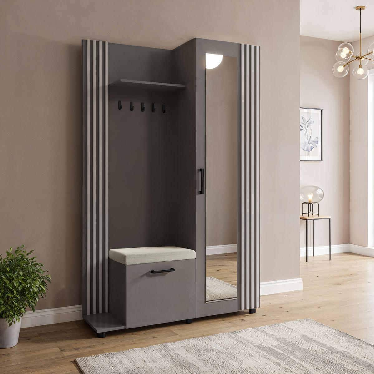 GARDEROBE Linaro mit Spiegel, Sitzbank in Lamellen-Optik 137/207/42 cm, Links - Schwarz/Grau, Holzwerkstoff (137/207/42cm) - WFL GROUP