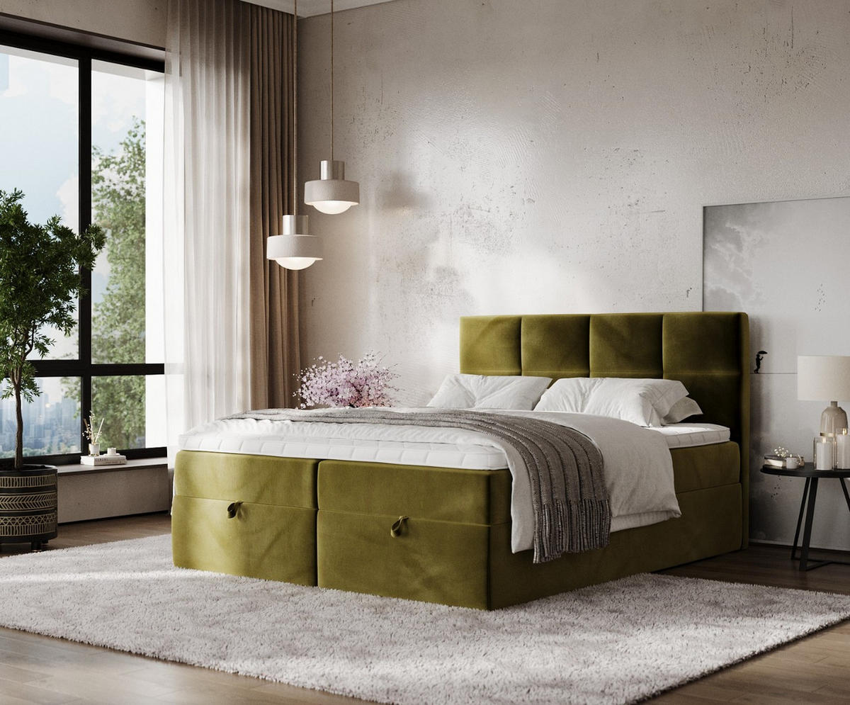 BOXBETT Velto 180/200 cm Olivgrün im Kronos Stoff - Schwarz/Olivgrün, Holz/Holzwerkstoff (180/200cm) - AltaBeds