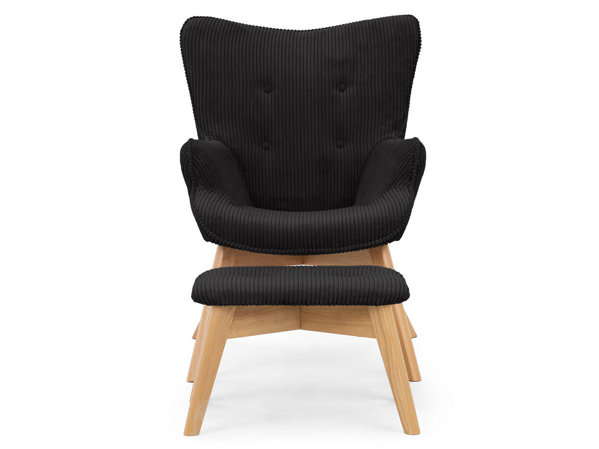 LOUNGESESSEL mit Fußhocker Lenari Schwarz Cordstoff mit Füßen in Natur - Schwarz/Naturfarben, Holz/Textil (71/96/86cm) - S-Style Möbel