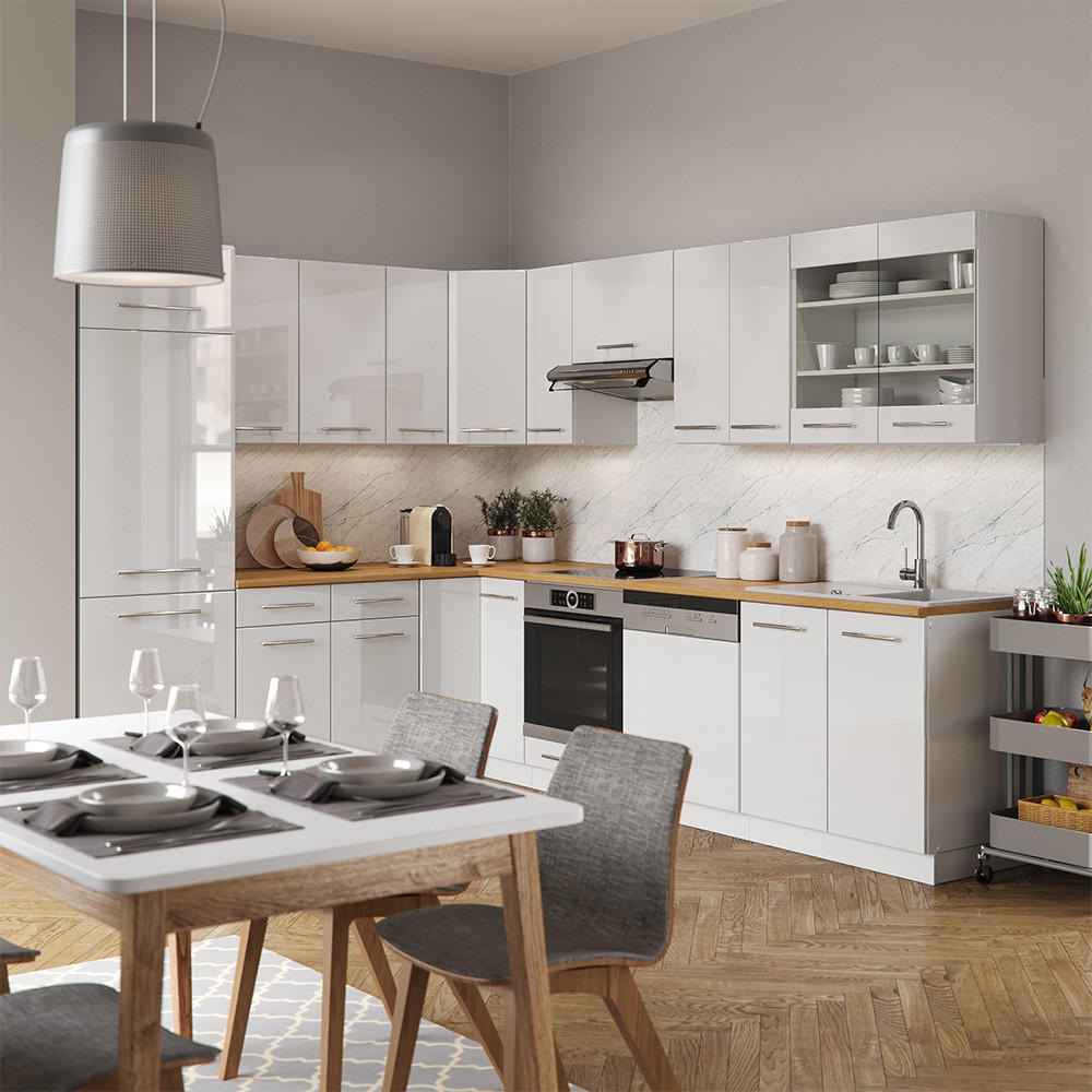 ECKKÜCHE Fame-Line Weiß 227 x 60 cm ohne AP - Weiß Hochglanz/Weiß, Holzwerkstoff (287/81.6/46cm) - Vicco