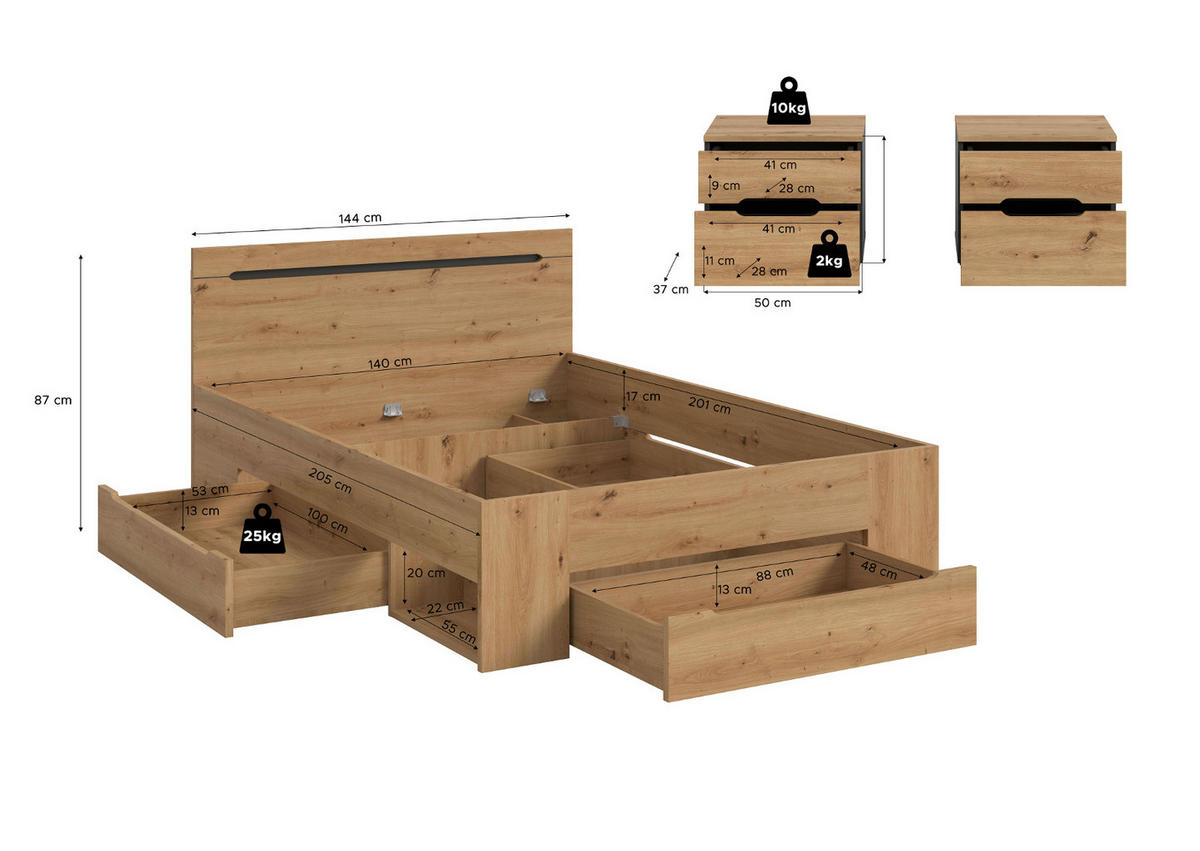 SCHLAFZIMMER Set 3-teilig Eiche Artisan, grau, Kombination mit Bett 140 x 200 cm und 2x Nachttisch - Eiche Artisan/Grau, Holzwerkstoff/Metall - Inn.Furn