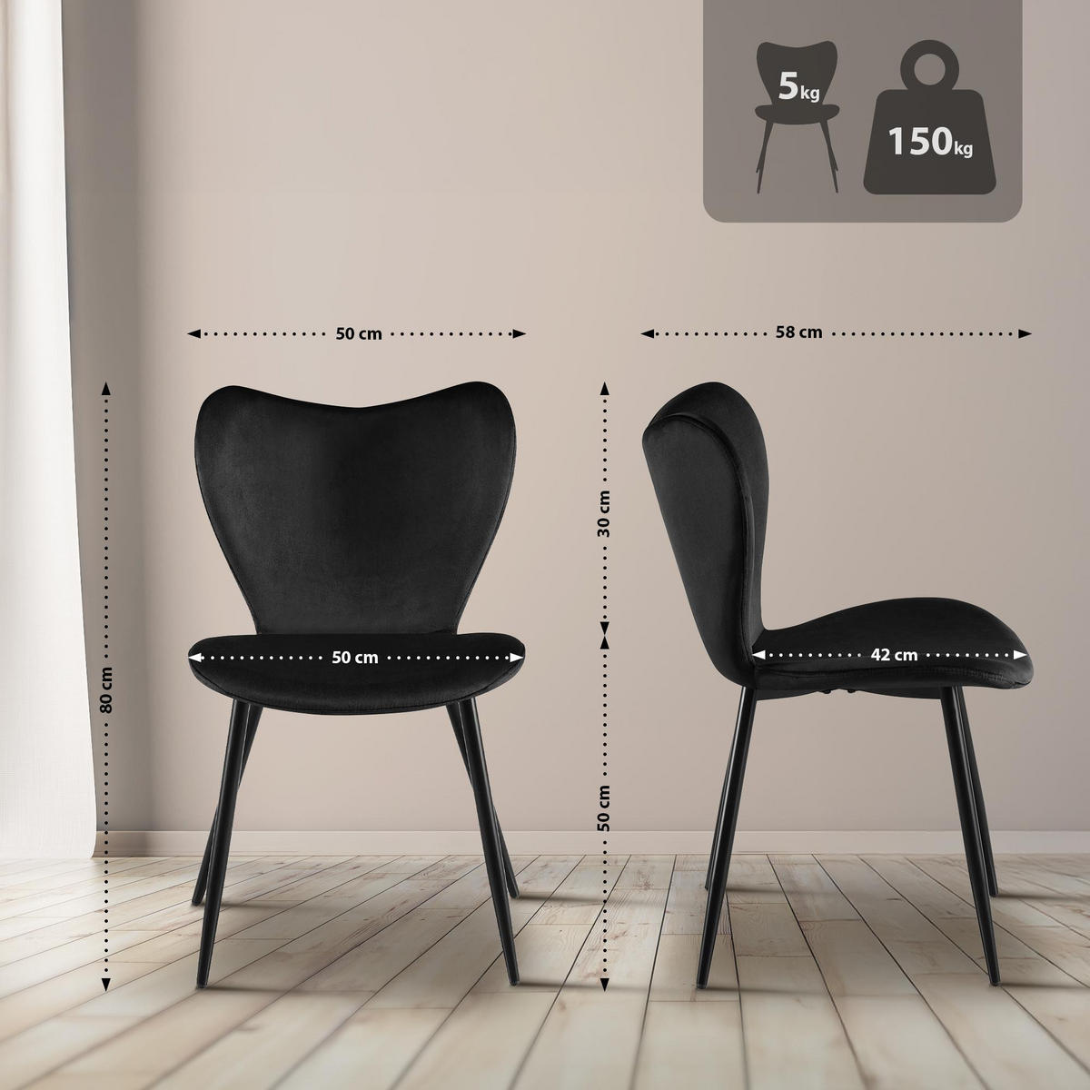 ESSZIMMERSTUHL Samt Schwarz - Schwarz, Textil/Metall (50/80/58cm) - CLP