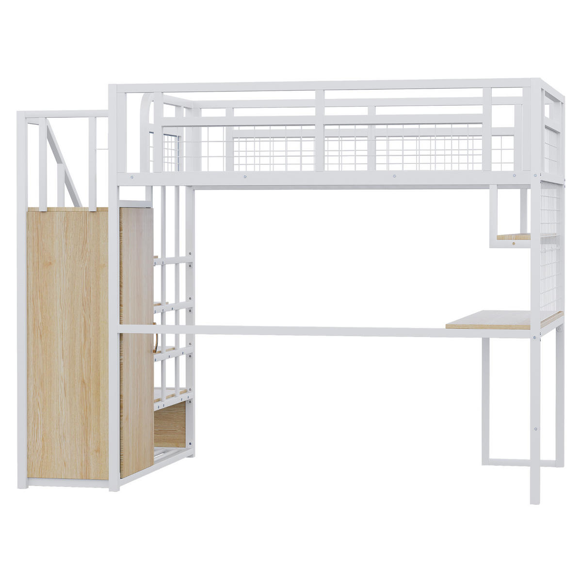 HOCHBETT 140/200 cm in Weiß mit Stauraumtreppe, Kleiderschrank, Tisch und LED - Weiß, Holz/Metall (140/200cm) - STILVORA