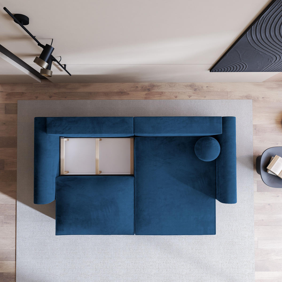 ECKSOFA FIANO M Blau Velours-Stoff mit Schlaffunktion - Blau, Holz (245/148cm) - MASSENO