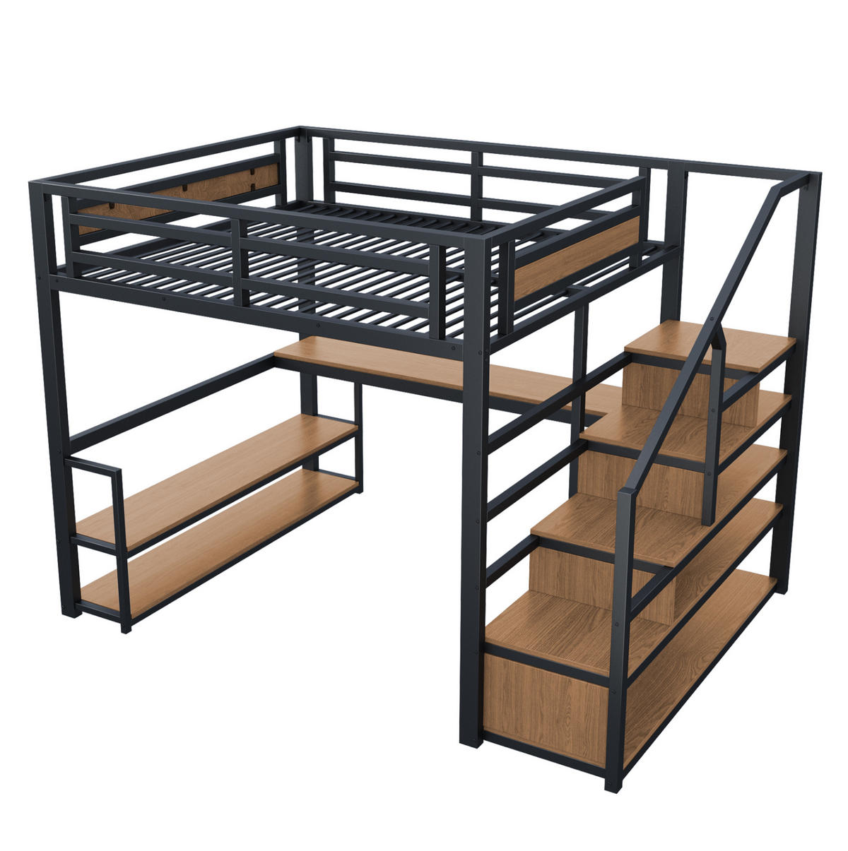 HOCHBETT mit Schreibtisch 140/200 cm in Schwarz – mit Regalen und Aufbewahrungstreppe - Schwarz, Metall (140/200cm) - BEAOK