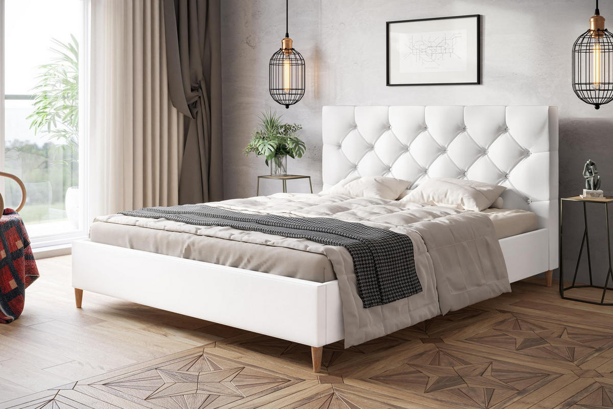 POLSTERBETT LUX Boston mit Kopfteil, 180 x 200 cm, Doppelbett mit Lattenrost aus Holz, Kunstleder Weiß, Füße in Farbe: Braun - Weiß, Holz/Textil (180/200cm) - Alpi-Möbel