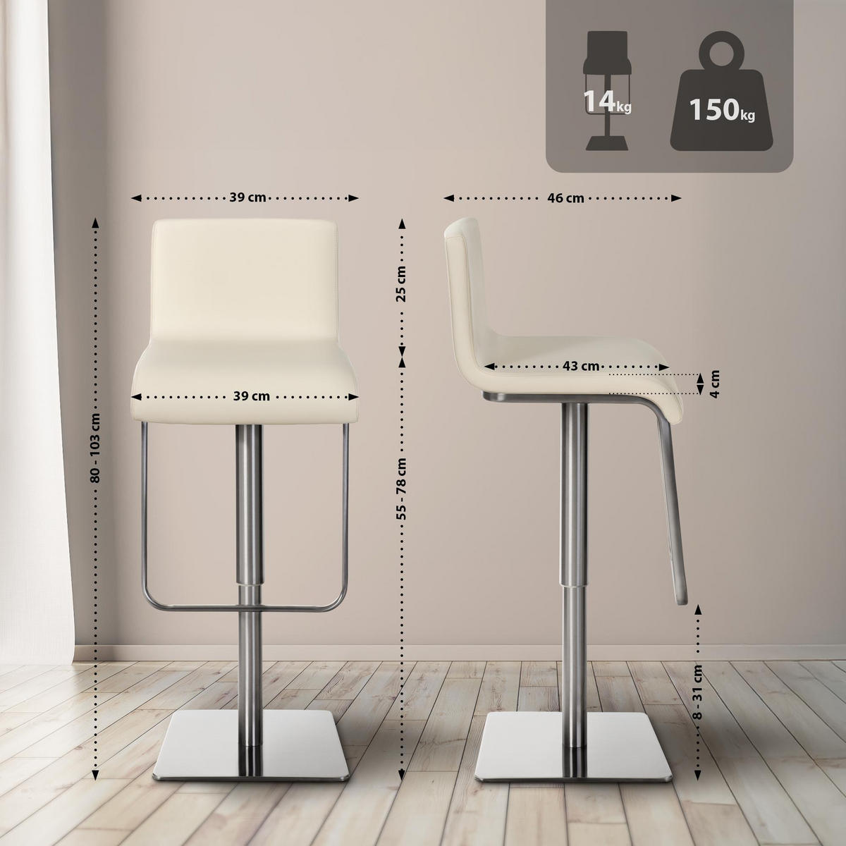 BARHOCKER 2er Set Lederlook Creme - Edelstahlfarben/Creme, Textil/Metall (41/80/46cm) - CLP