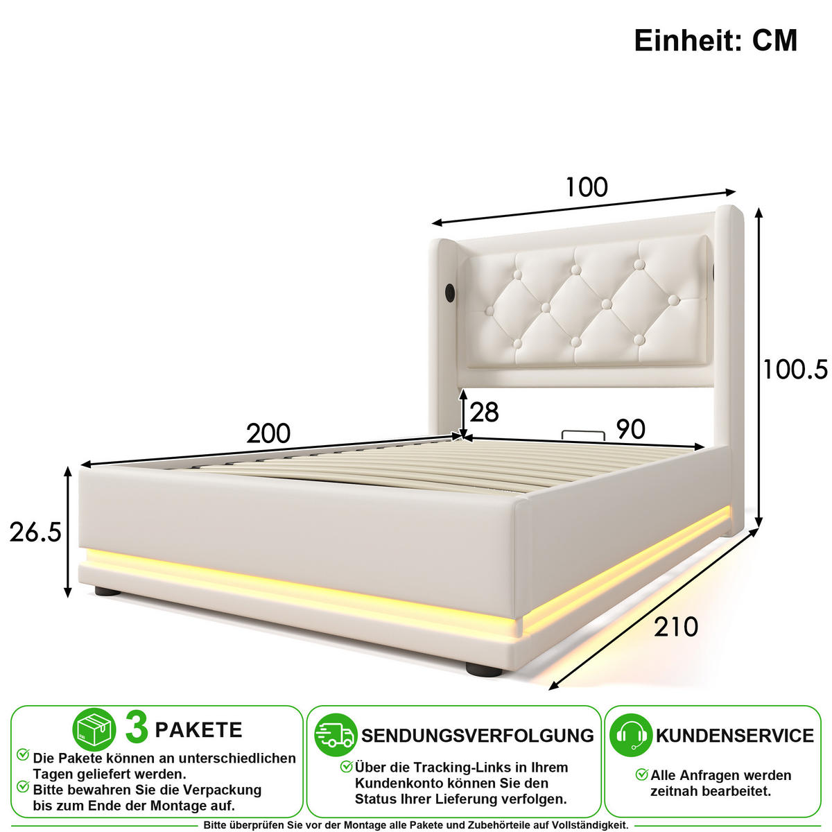 POLSTERBETT 90/200 cm in Weiß PU mit Bettkasten, LED, USB und Matratze - Weiß, Holzwerkstoff/Textil (90/200cm) - CHICFURN