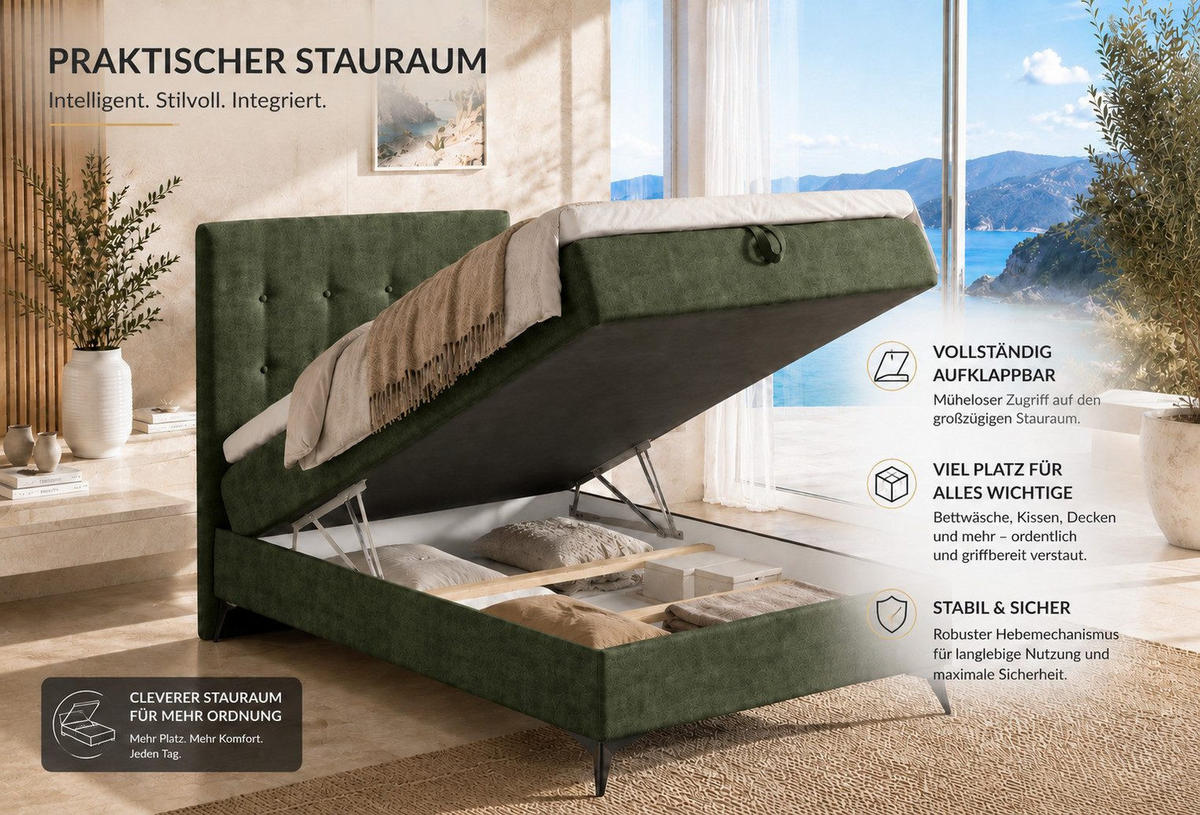 BOXBETT K15 Single SLIM mit Bettkasten & Bonell-Federkern inkl. Topper - Olivgrün, Holz/Textil (200/80cm) - Best For Home