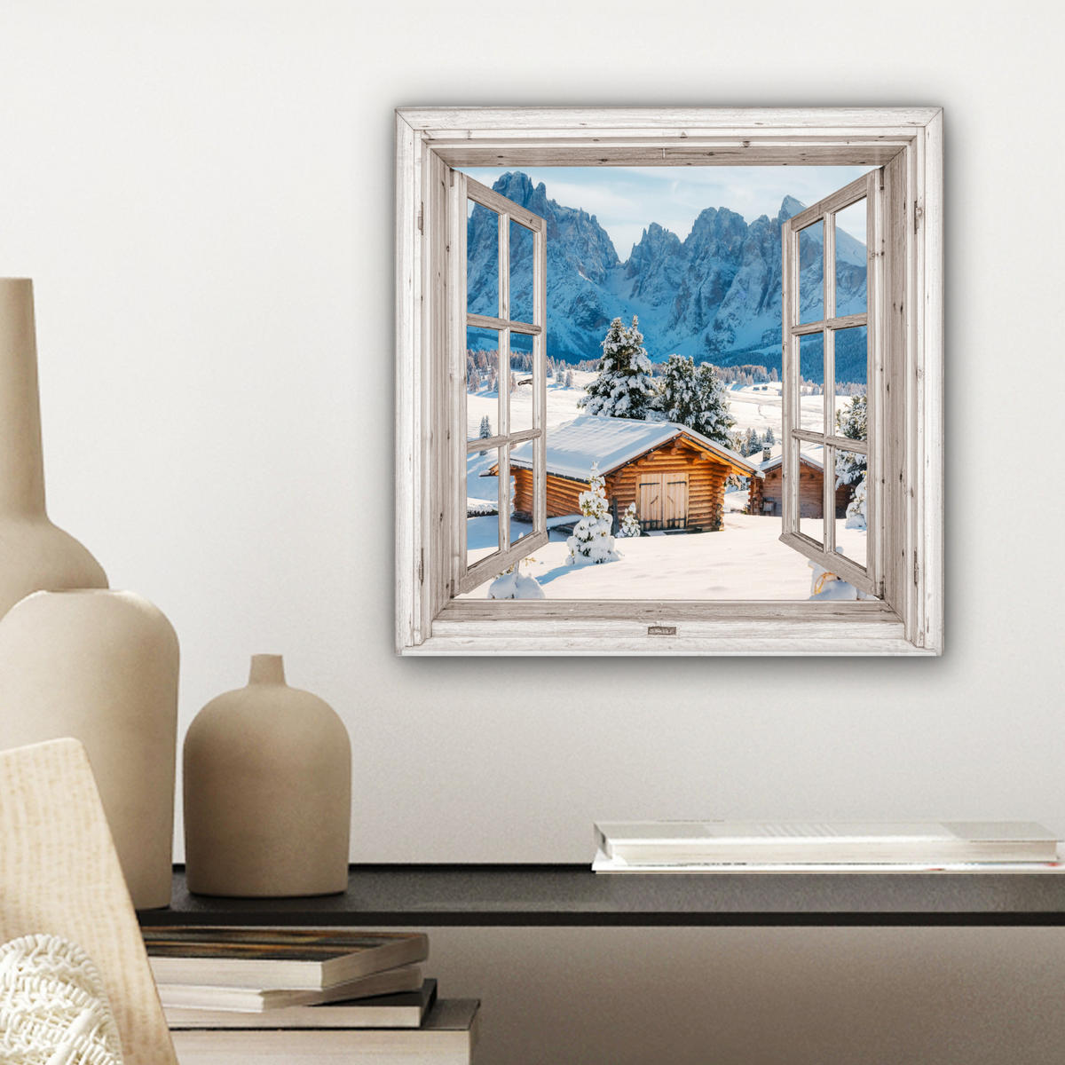 LEINWANDBILD Winterlandschaft - Hütte - Berge - Ausblicke - Aussicht - Natur 20x20 cm - Weiß Hochglanz, Textil (20/20cm) - MuchoWow