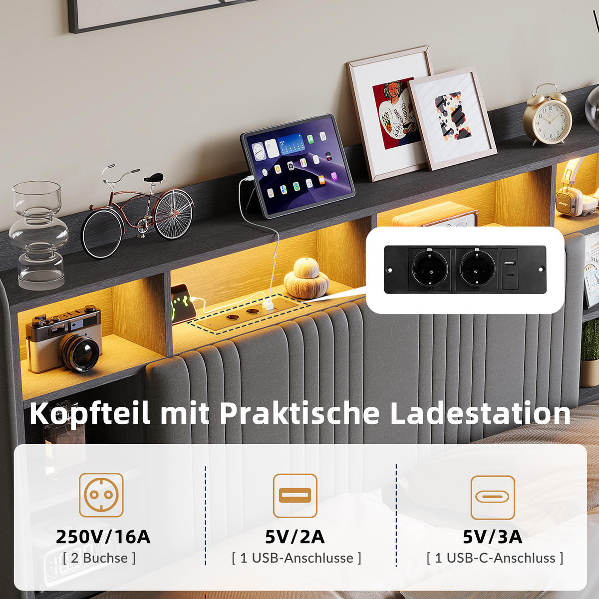 POLSTERBETT 140/200 cm Grau mit 4 Schubladen, LED-Kopfteil mit Ablage und USB - Grau, Metall (140/200cm) - EuroLiving