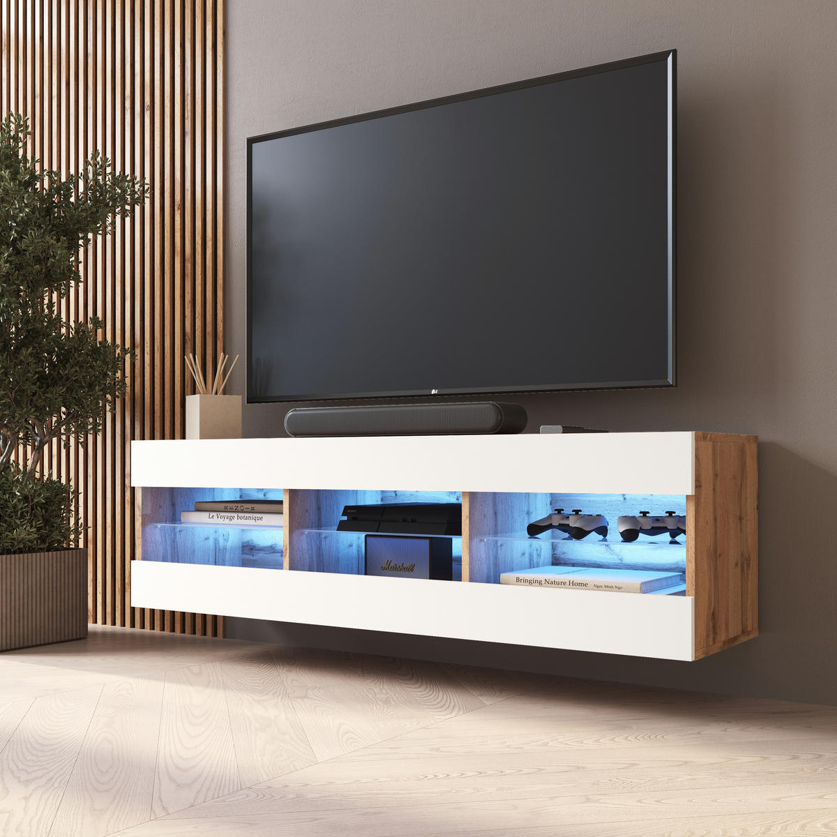 LOWBOARD TIVOLI RTV 140, Weiss, LED Blau - Eiche Wotan/Weiß, Glas/Holzwerkstoff (140/40.5/35.5cm) - Komodee