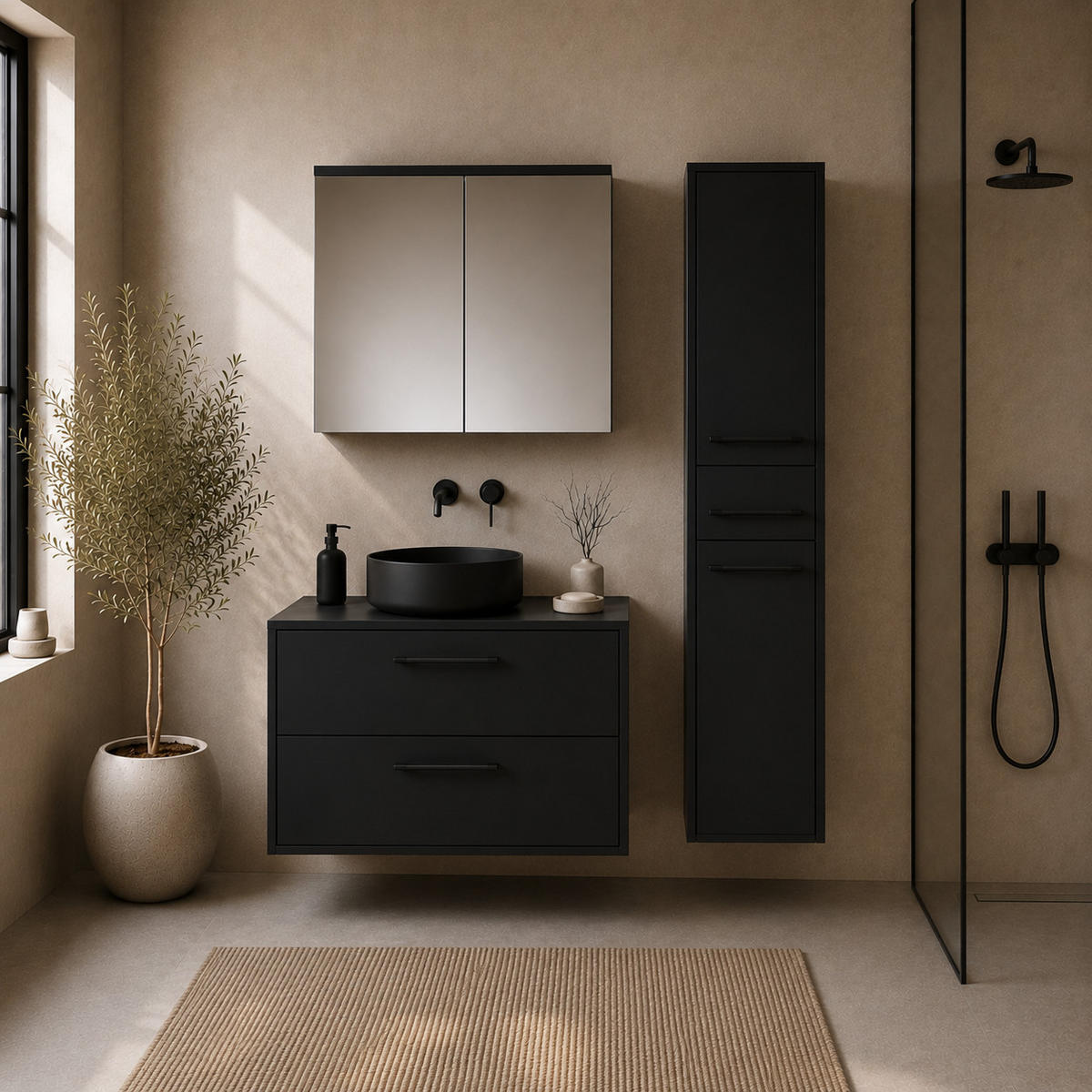 BADMÖBEL-SET Florence 3 Teile Matt schwarz - 80 x 46 x 46 cm - Schwarz, Holz (80/46/46cm) - Badplaats