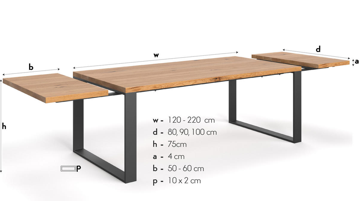 TISCH Ausziehbar Mova aus massivem Eichenholz 120x80cm + Tischverlängerungen 2x60 cm - Eichefarben/Schwarz, Holz/Metall (120/80/75cm) - Danzz