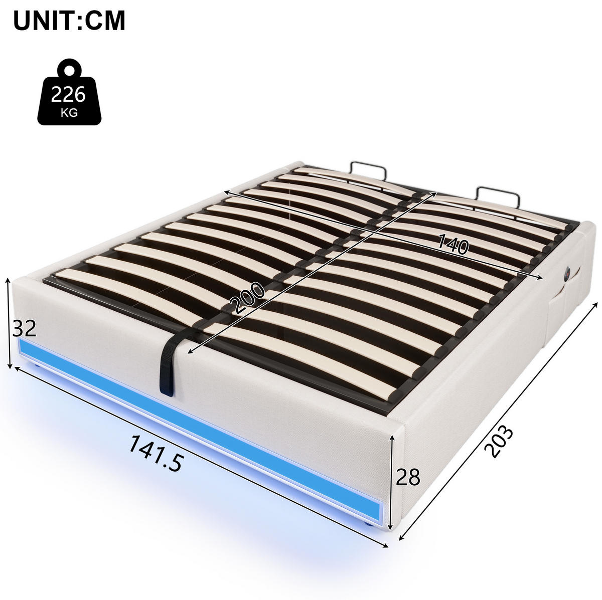POLSTERBETT mit Leinenbezug 140x200 cm Beige mit hydraulischem Stauraum, LED-Leiste, USB und USB-C - Beige, Textil (140/200cm) - IVMEU