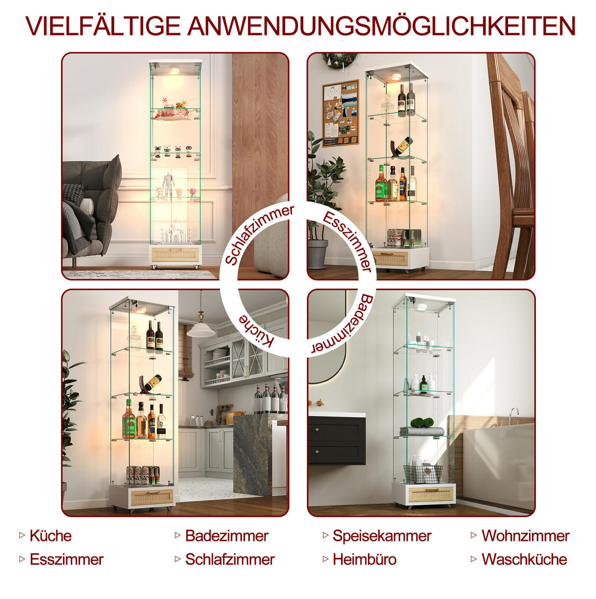 VITRINE 42,5/36,5/167 cm in Weiß mit LED-Beleuchtung und Schubladen - Weiß, Holzwerkstoff (42.5/167/36.5cm) - Flora Grace