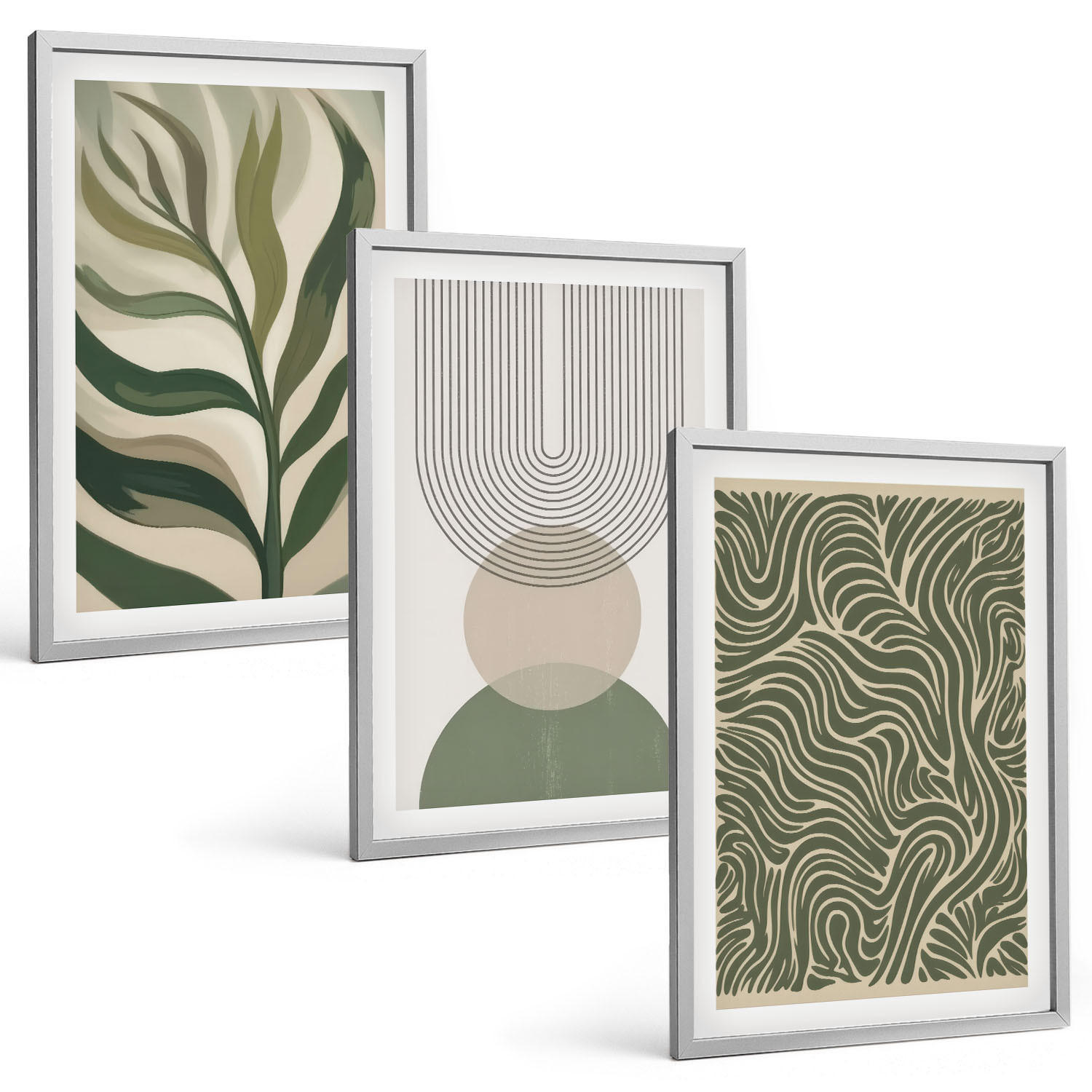BILDER SET 3er Set - 40x60 cm Silberner Rahmen - Geometrische Blattformen - Silberfarben, Kunststoff (40/60cm) - TULUP