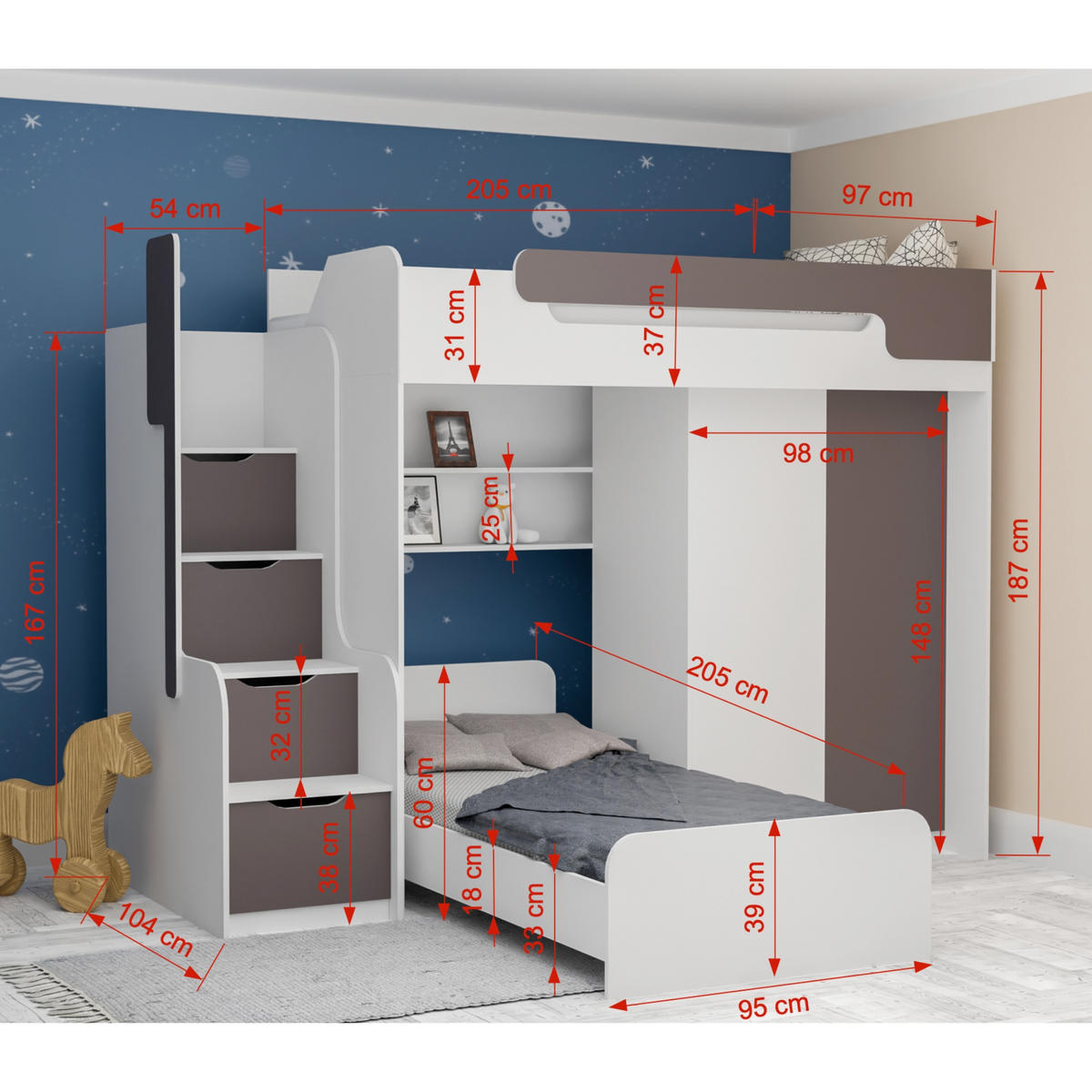 ETAGENBETT ARTHUR 90/200 in Weiß/Grau mit zusätzliches Bett und Kleiderschrank - Weiß/Grau, Holzwerkstoff (90/200cm) - Deine Möbel 24