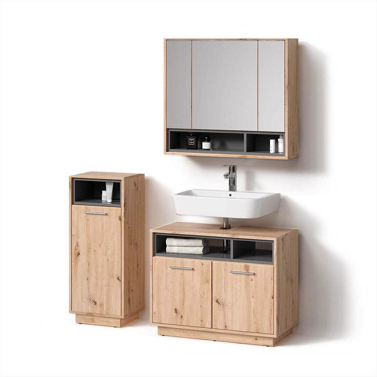BADMÖBEL-SET Temo Artisan-Eiche 3 Teile - Anthrazit/Eiche Artisan, Holzwerkstoff (80/64/40cm) - Livinity®