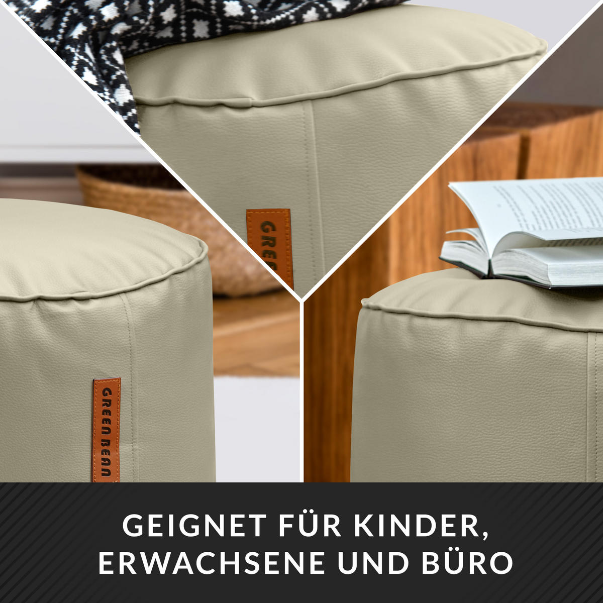 INDOOR HOCKER Stay rund Kunstleder - Greige/Grau, Textil (43/30/30cm) - Green Bean