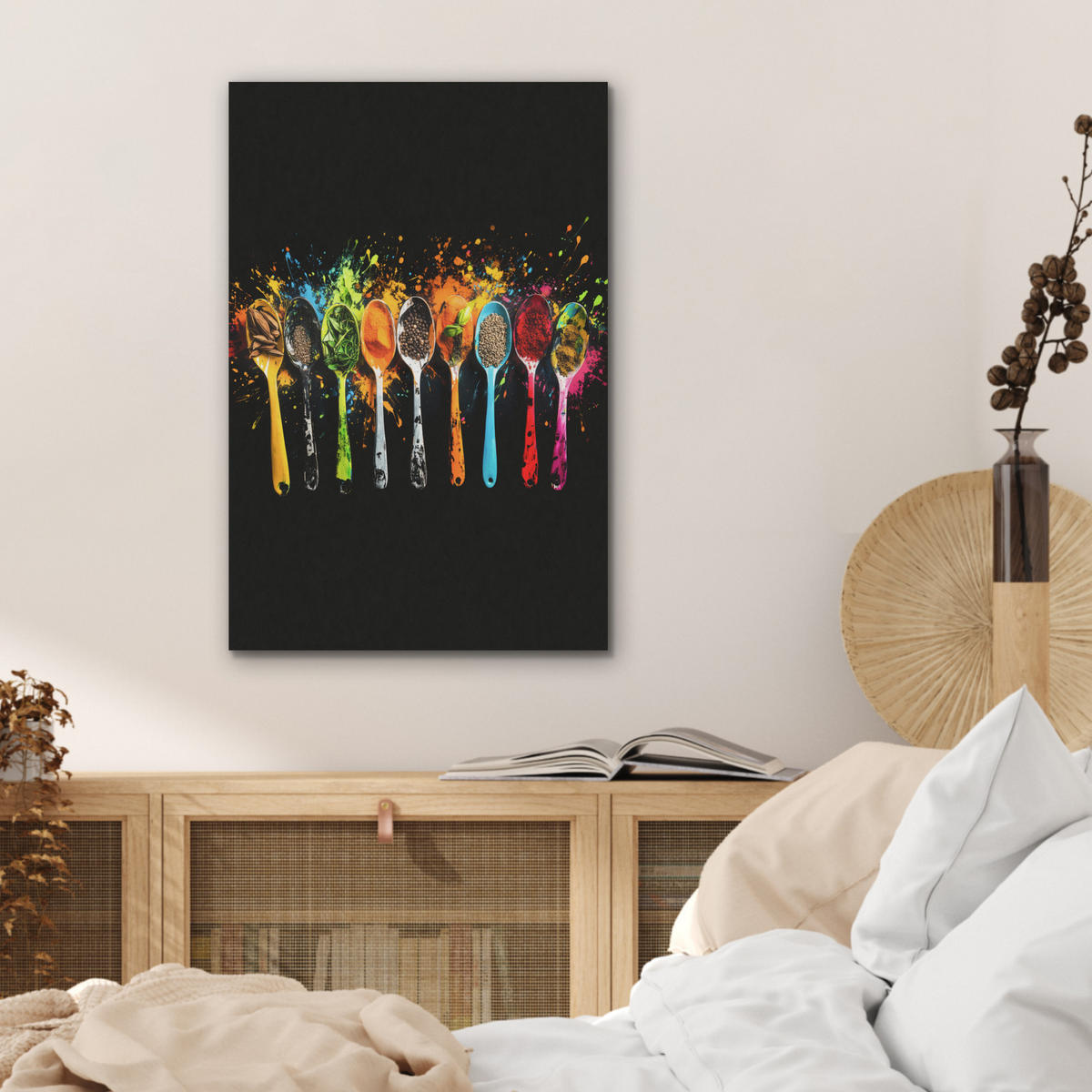 AKUSTIKBILD Löffel - Gewürze - Modern - Graffiti - Farbe - Farbenfroh Kunstdruck Schlafzimmer 50x70 cm - Multicolor, Kunststoff (50/70/0.9cm) - MuchoWow