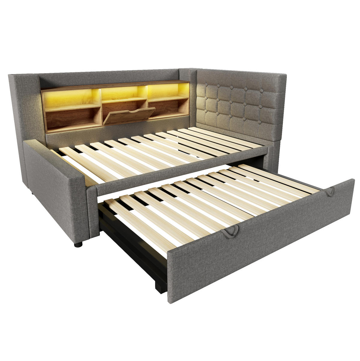 BETT mit Ausziehbett und LED 90x200 cm Leinen Grau - Grau, Metall (90/200cm) - Meubliv