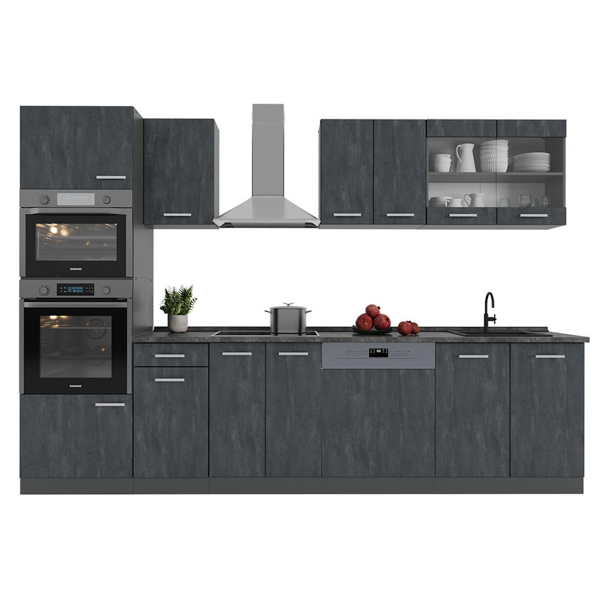 KÜCHENZEILE R-Line Schwarz Beton/Anthrazit 300 cm ohne AP - Anthrazit/Schwarz, Holzwerkstoff (300/81.6/46cm) - Vicco