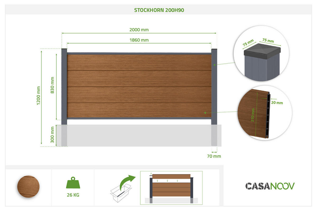 VERBUNDZAUN STOCKHORN 2 m, H. 90 cm, zum Einbetonieren, Teakholz - Braun, Holzwerkstoff (200/90cm) - Casanoov
