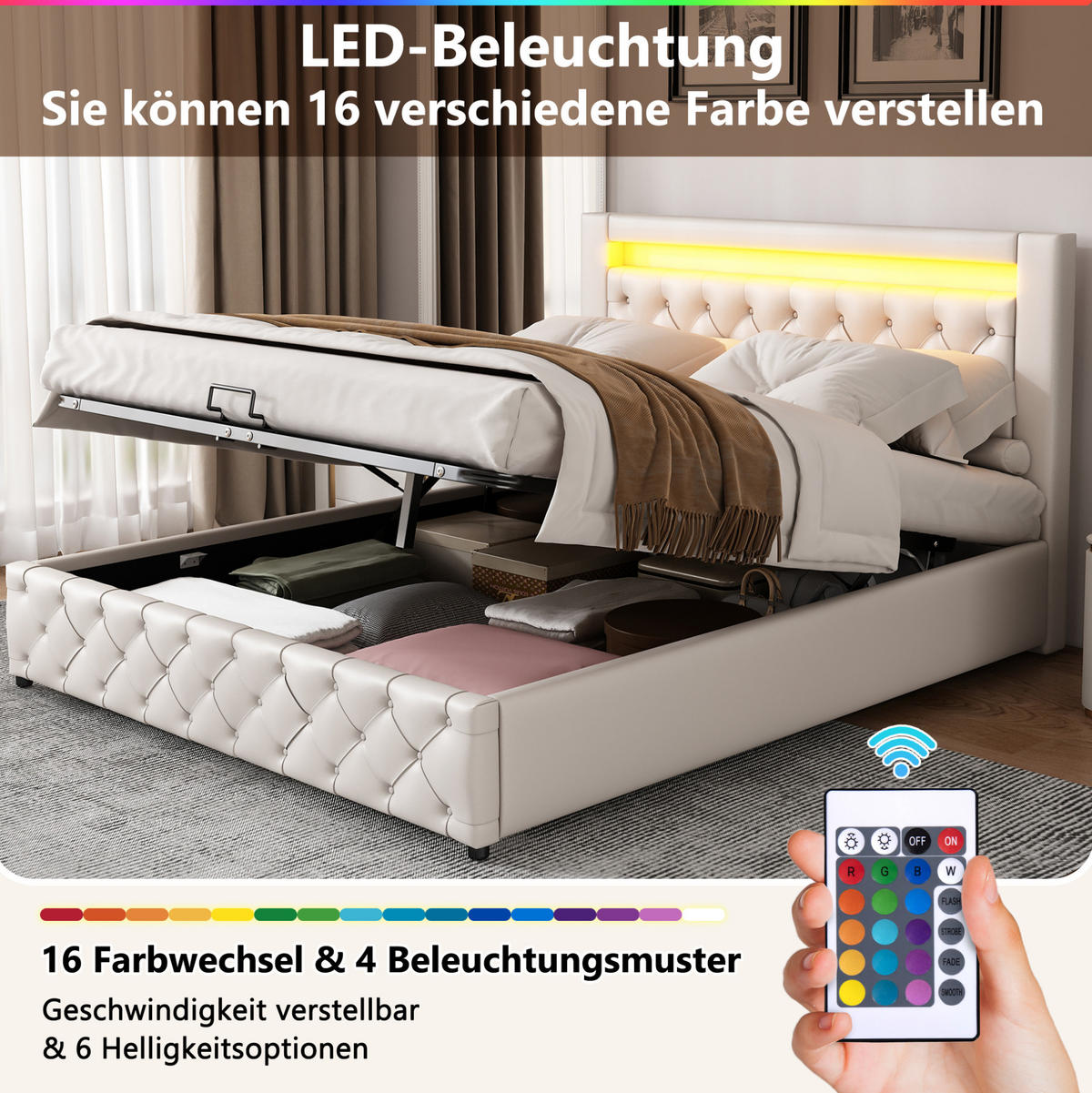 POLSTERBETT 160/200 cm mit LED-Beleuchtung, Lattenrost und Bettkasten, Weiß - Weiß, Kunststoff (160/200cm) - Redom