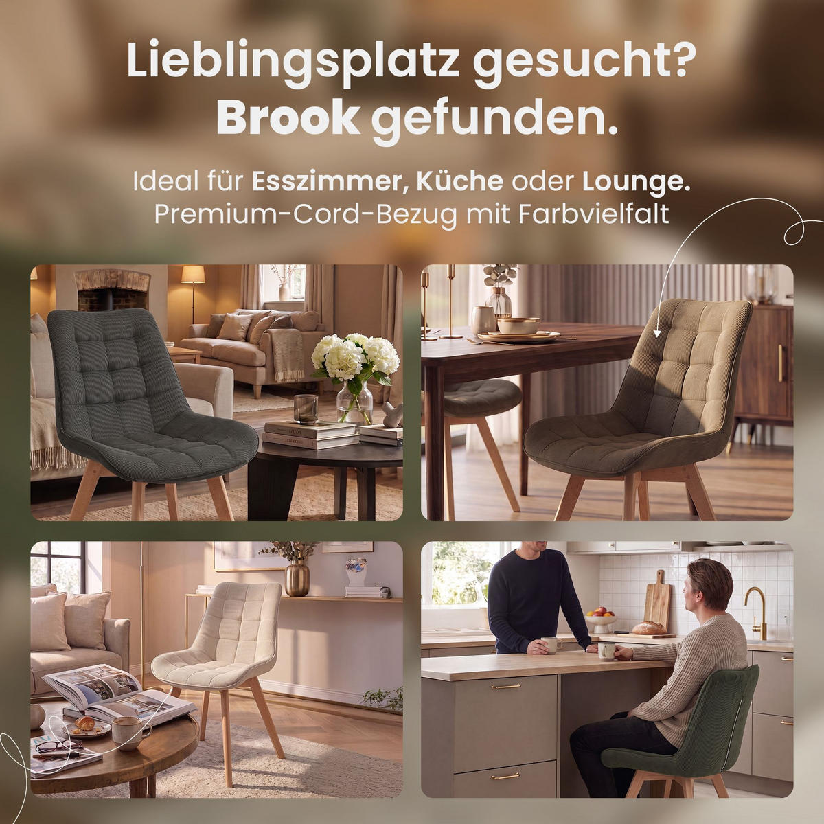 STUHL Cord Taupe - Taupe/Eukalyptusholzfarben, Holz/Textil (53/84/63cm) - CLP