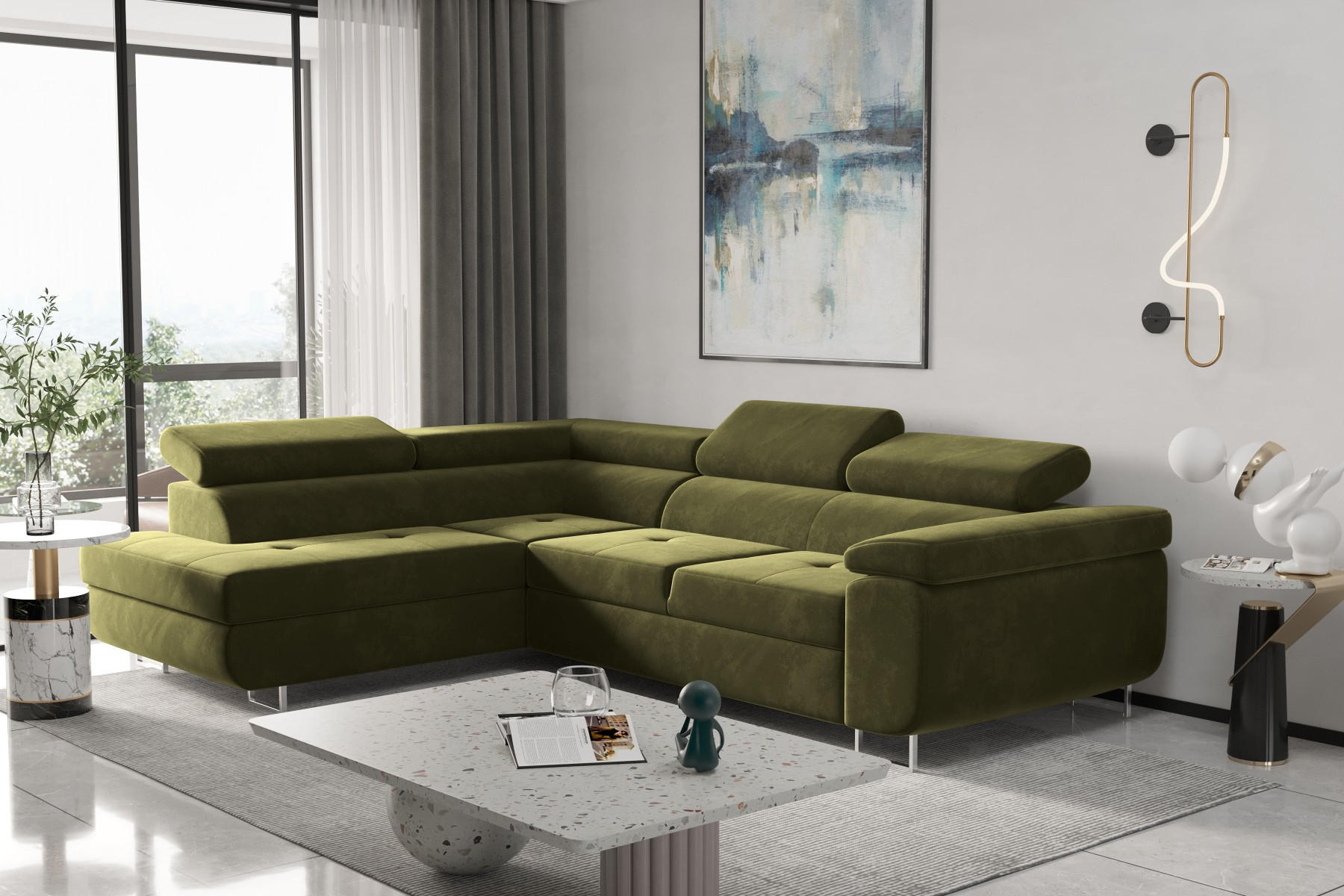 ECKSOFA mit Schlaffunktion und Bettkasten ATOM Olive Links - Olivgrün, Holz/Textil (202/275cm) - Kaiser Möbel