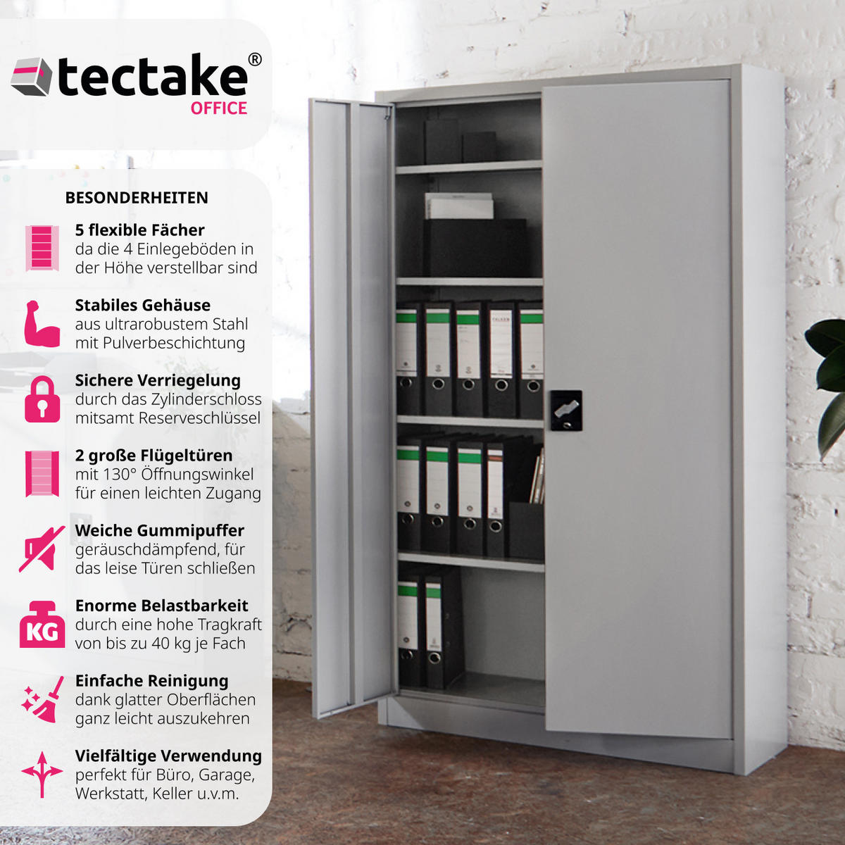 AKTENSCHRANK ,180 x 90 x 40 cm,grau - Grau, Metall (40/180/90cm) - tectake