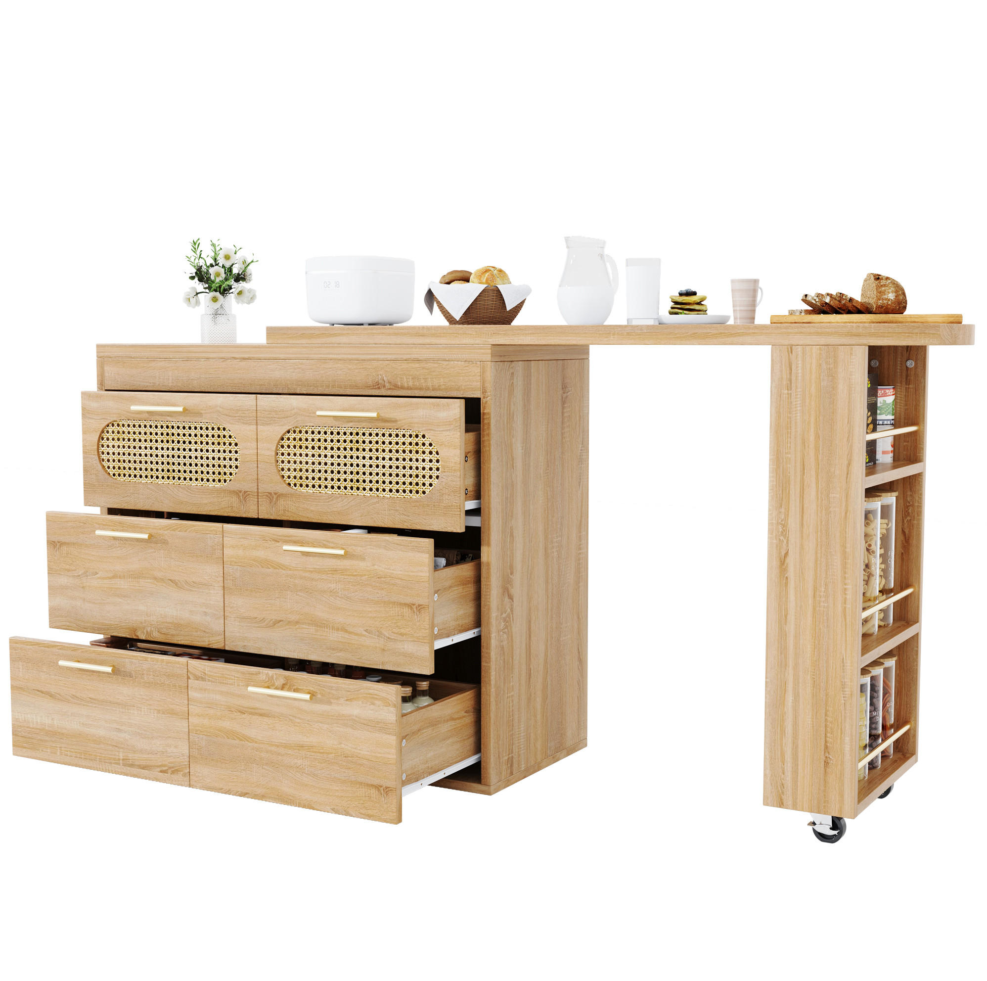 BARTISCH 128-203/39/90 cm drehbar mit 6 Schubladen, Ablagefach und Kippsicherung, MDF mit PE-Rattan, Natur - Naturfarben, Holzwerkstoff (39/203/90cm) - Redom