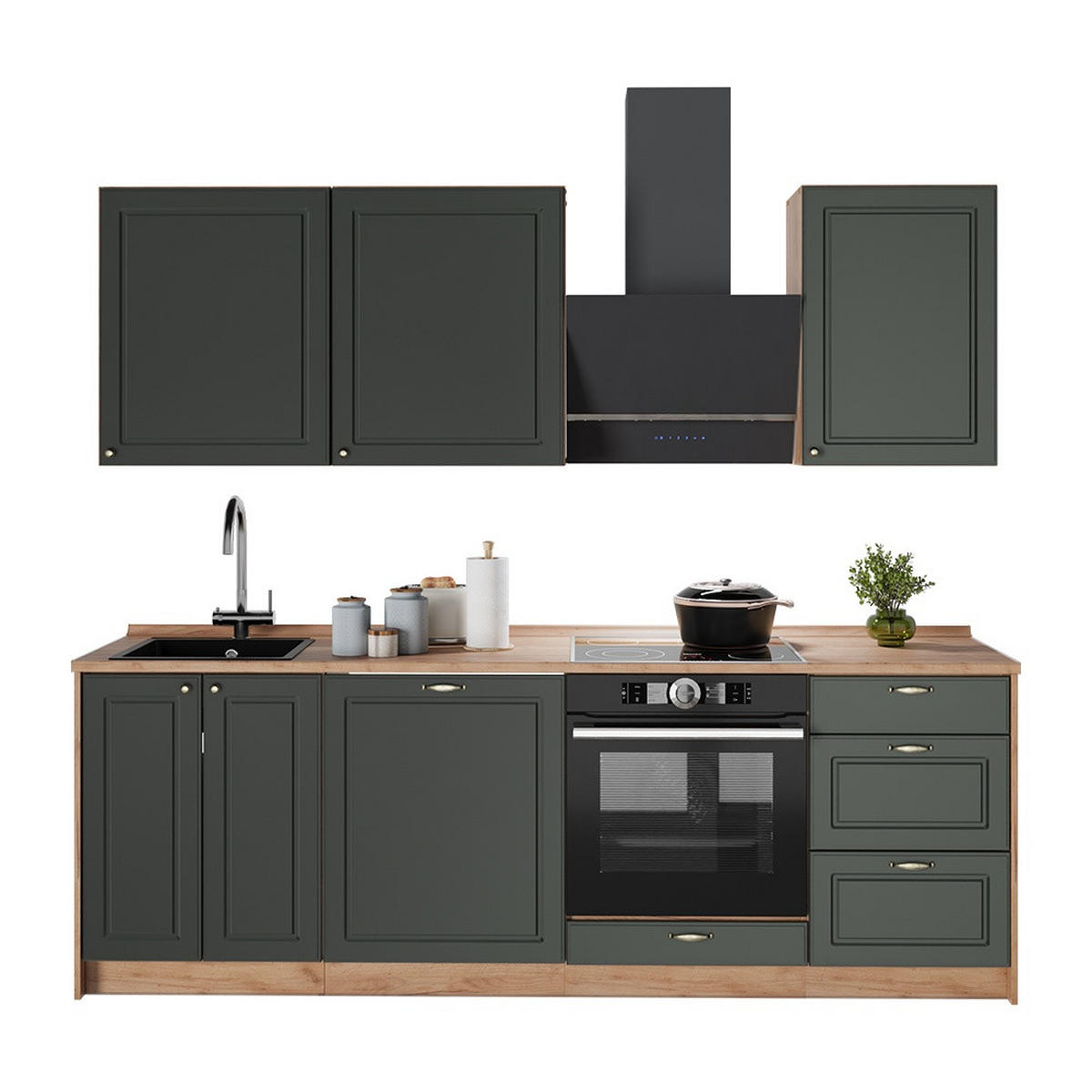 KÜCHENZEILE Fame-Line, Grün-Gold Landhaus/Goldkraft Eiche, 230 cm, AP Anthrazit - Honigeiche/Grün, Holzwerkstoff (230/206.8/60cm) - Vicco