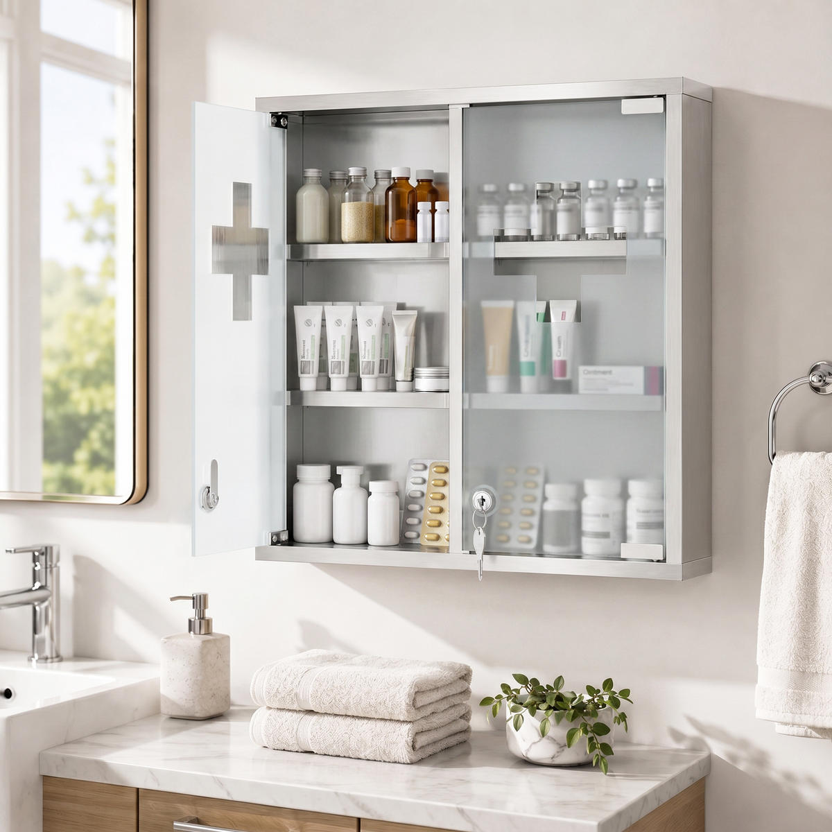 MEDIZINSCHRANK Edelstahl 430 gehärtetes Glas Silber - Silberfarben, Metall (46/48/12cm) - HOMCOM