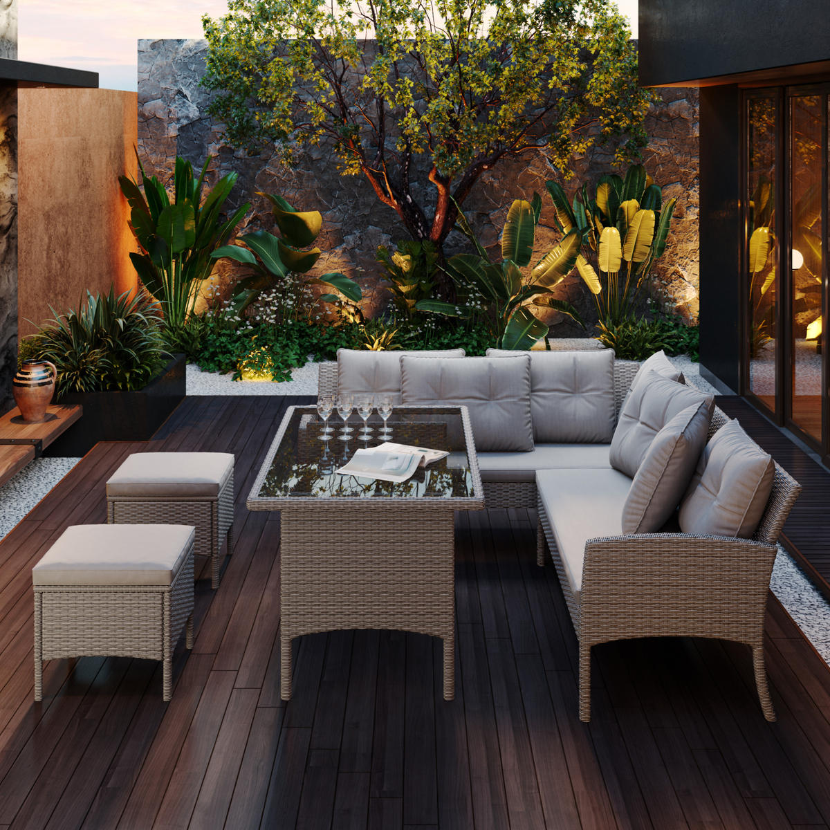 GARTENLOUNGE 195/51/78 cm khaki aus PE-Rattan mit Tisch, Hockern und waschbaren Kissen - Beige, Holzwerkstoff - OKWISH