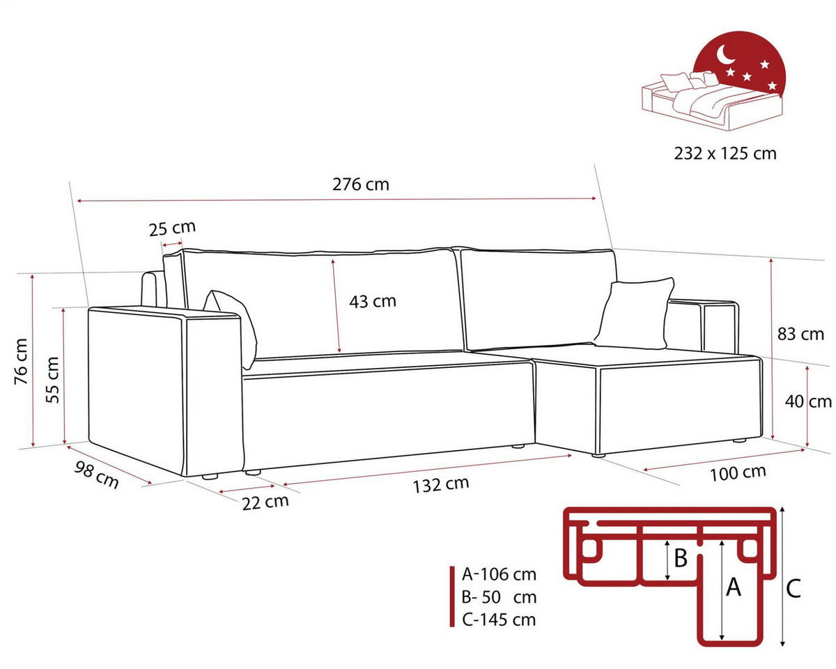 ECKSOFA Adara Max Mit Schlaffunktion - Braun, Holzwerkstoff/Textil (276/145cm) - Fun Möbel