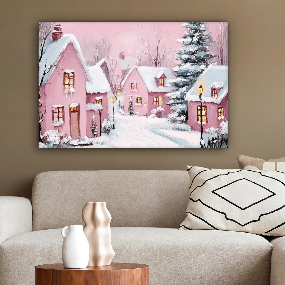 LEINWANDBILD Weihnachtsdorf - Rosa - Winter - Schnee - Häuser Gemälde 60x40 cm - Altrosa, Textil (60/40cm) - MuchoWow