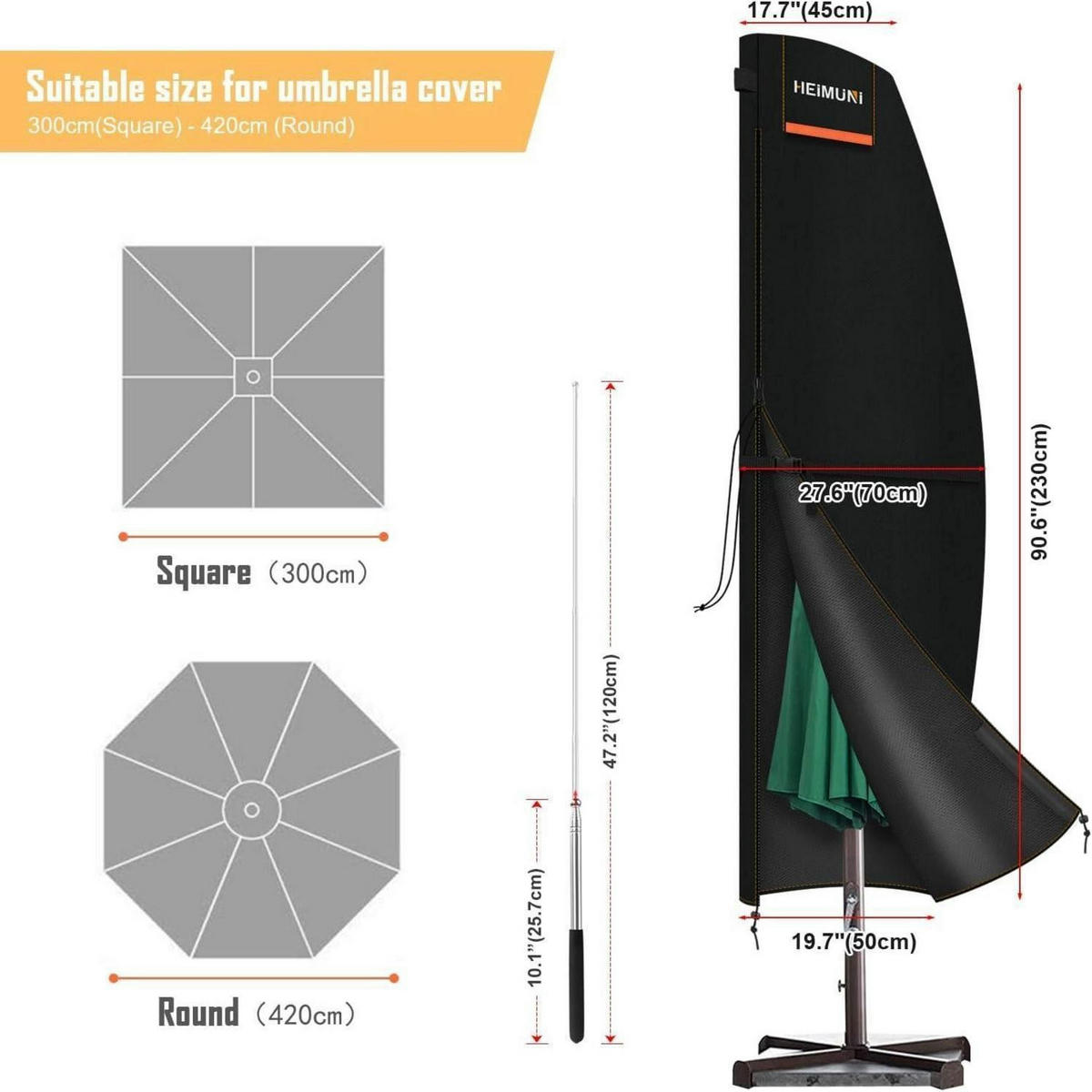 AMPELSCHIRM Schutzhülle 230 cm Wasserdicht UV-Beständig - Schwarz, Textil (70/230/45cm)