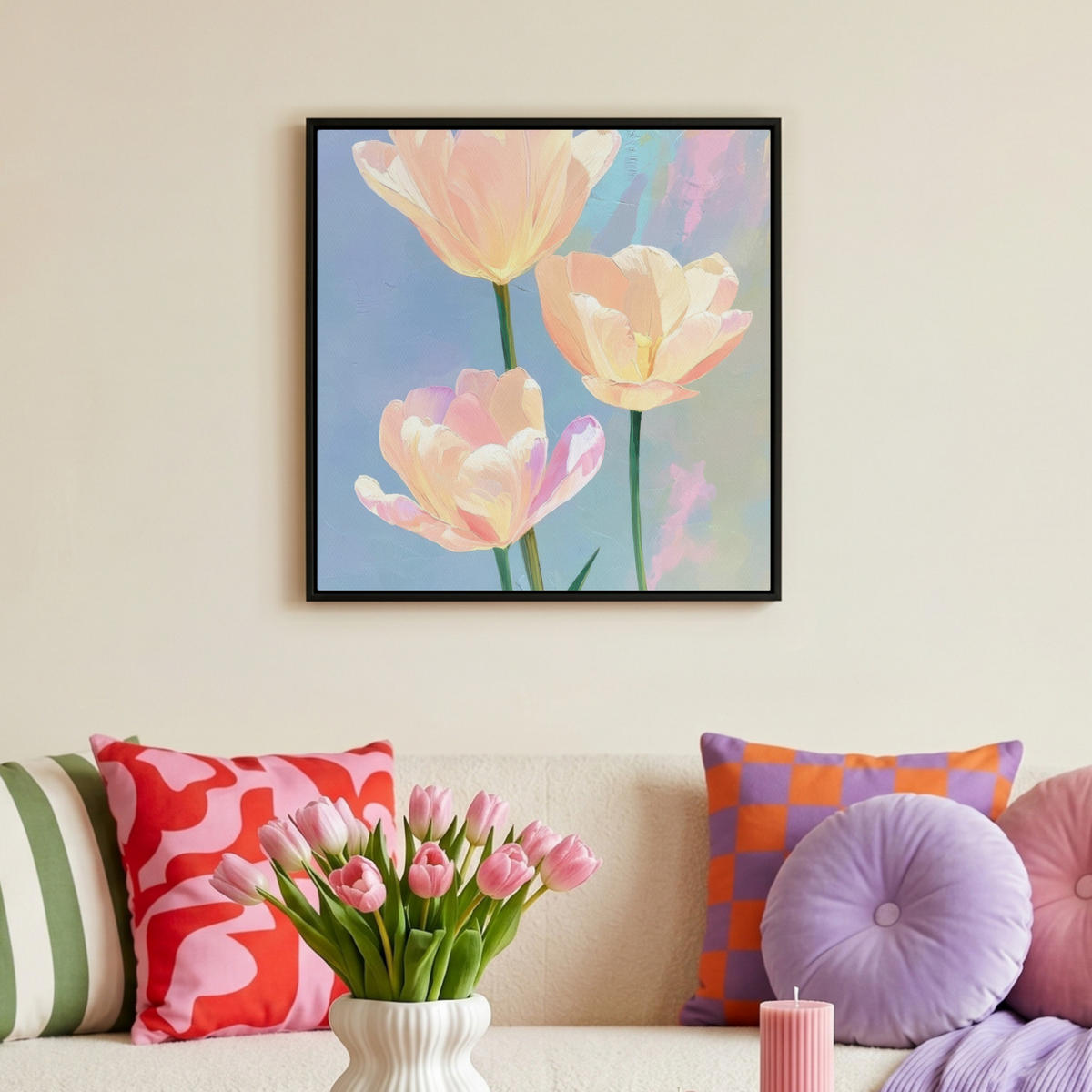 LEINWAND Bilder mit Rahmen - Tulpen - Rosa Akzente - Blau - 50x50 - Pastellblau, Textil (50/50cm) - MuchoWow