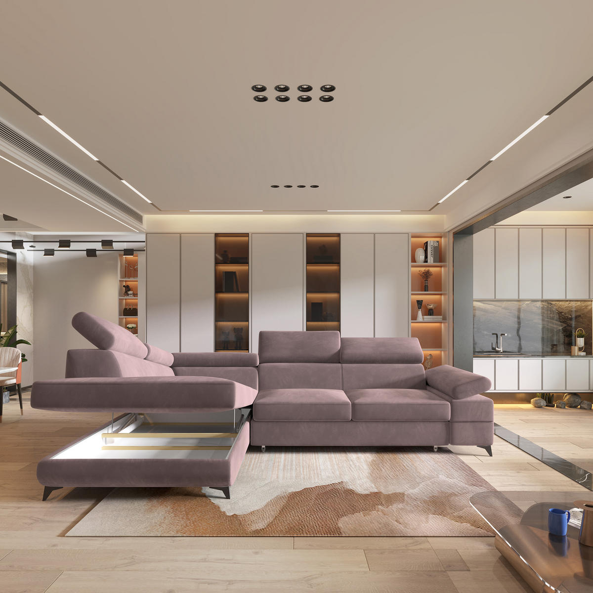 ECKSOFA FAVIEN L-S Lila Velours-Stoff mit Schlaffunktion - Lila, Holz (257/190cm) - MASSENO