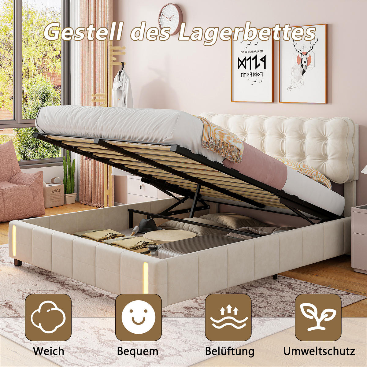POLSTERBETT 140/190 cm Beige mit Bettkasten, Hydraulischer Stauraum, LED-Sensorlicht, gepolstertes Kopfteil - Weiß, Metall (140/190cm) - EuroLiving