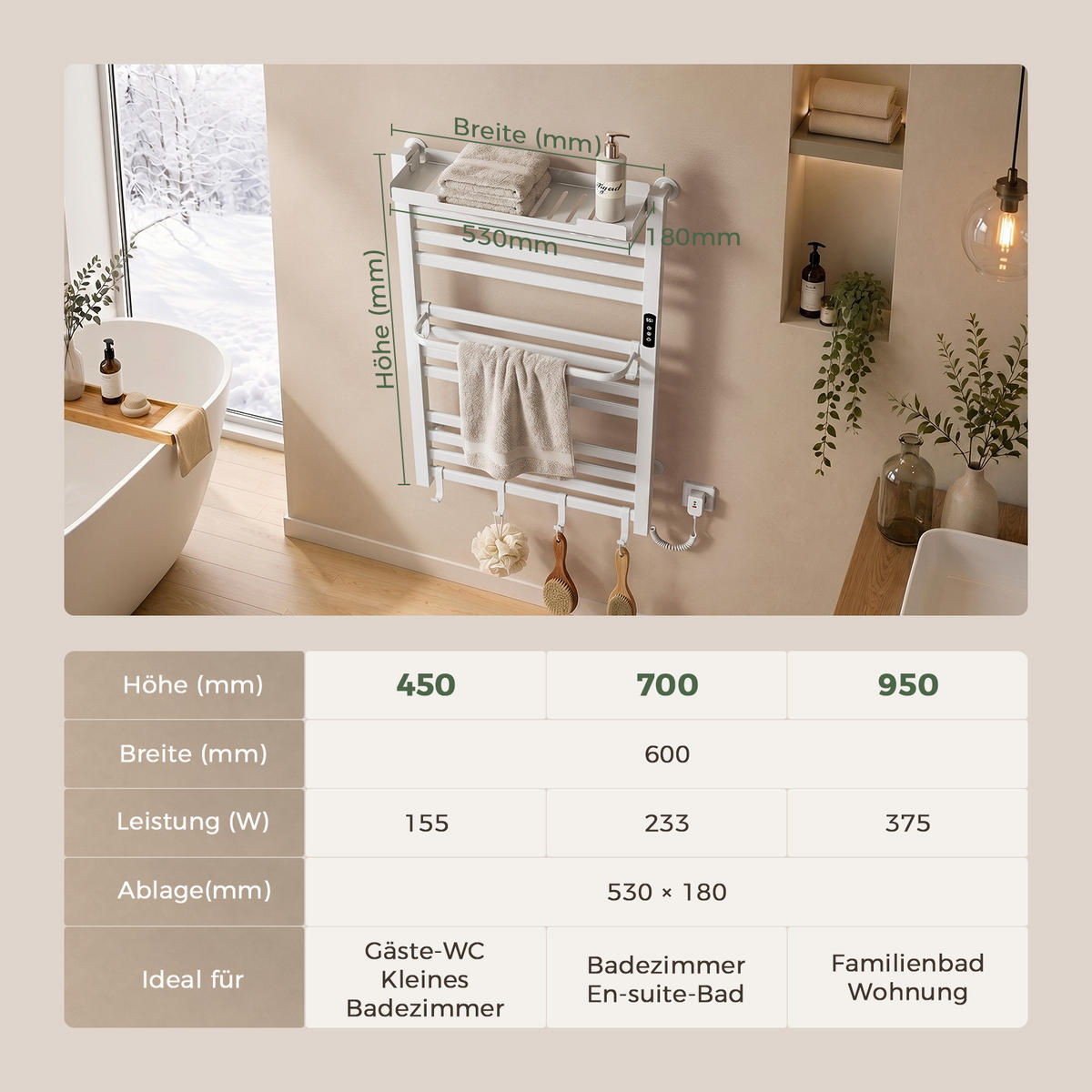 HANDTUCHHEIZKÖRPER 45/60 cm Weiß elektrisch 155 W mit WLAN, Ablage und 6 Haken - Weiß, Metall (60/45/20cm) - S'AFIELINA
