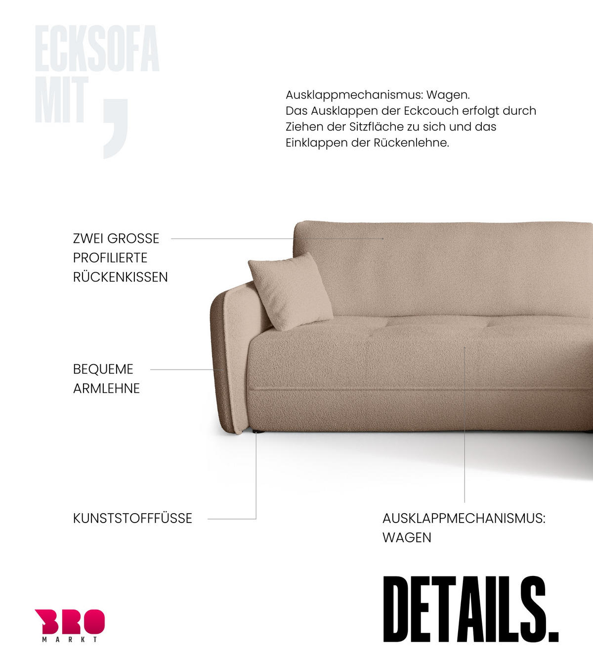 ECKSOFA CLAUDIO mit Schlaffunktion Milchkafee - Creme, Textil (263/150cm) - Bromarkt