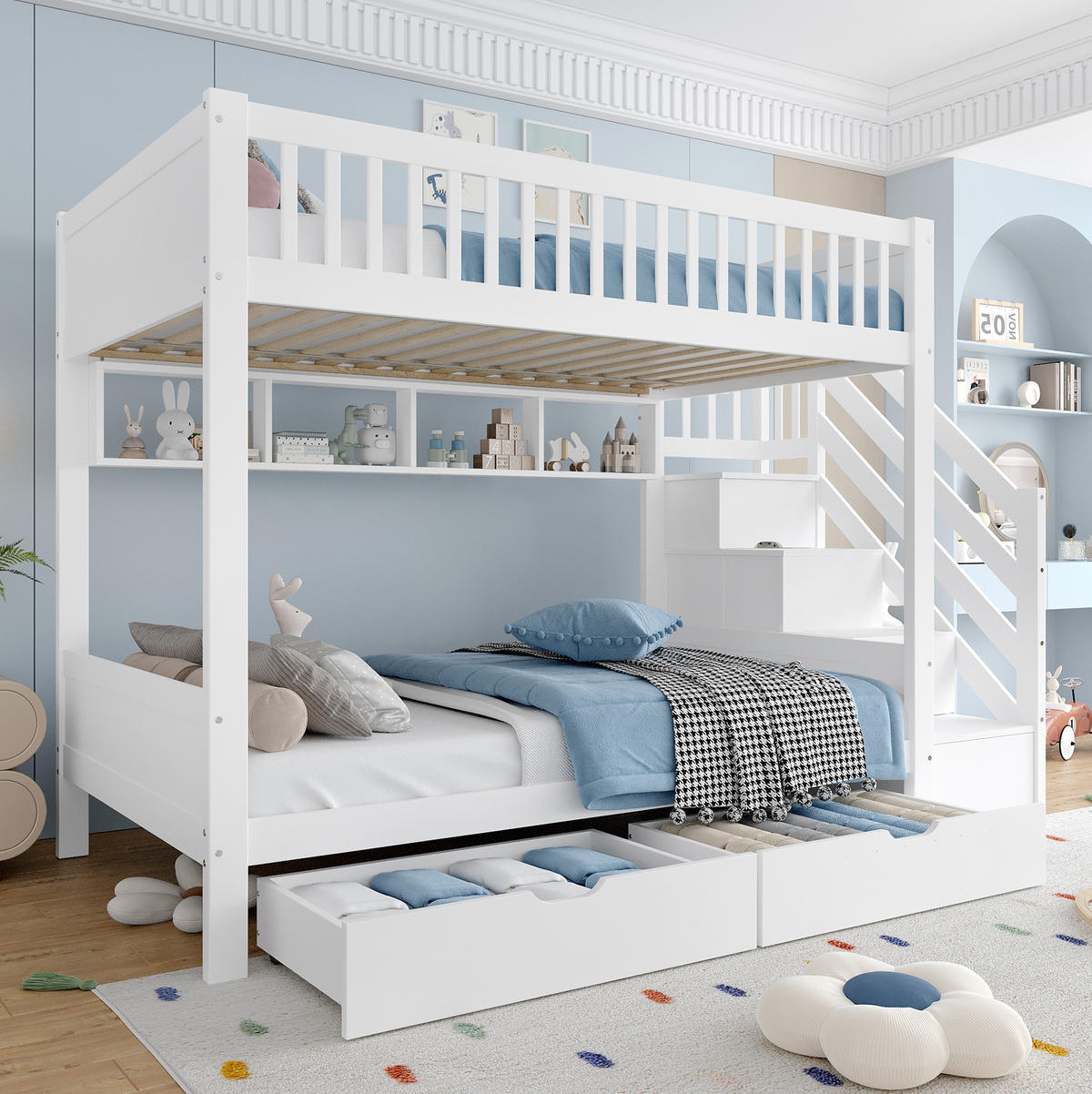 ETAGENBETT 90/200 cm Weiß mit Kleiderschrank und Stauraumtreppe - Weiß, Holz (90/200cm) - Flora Grace