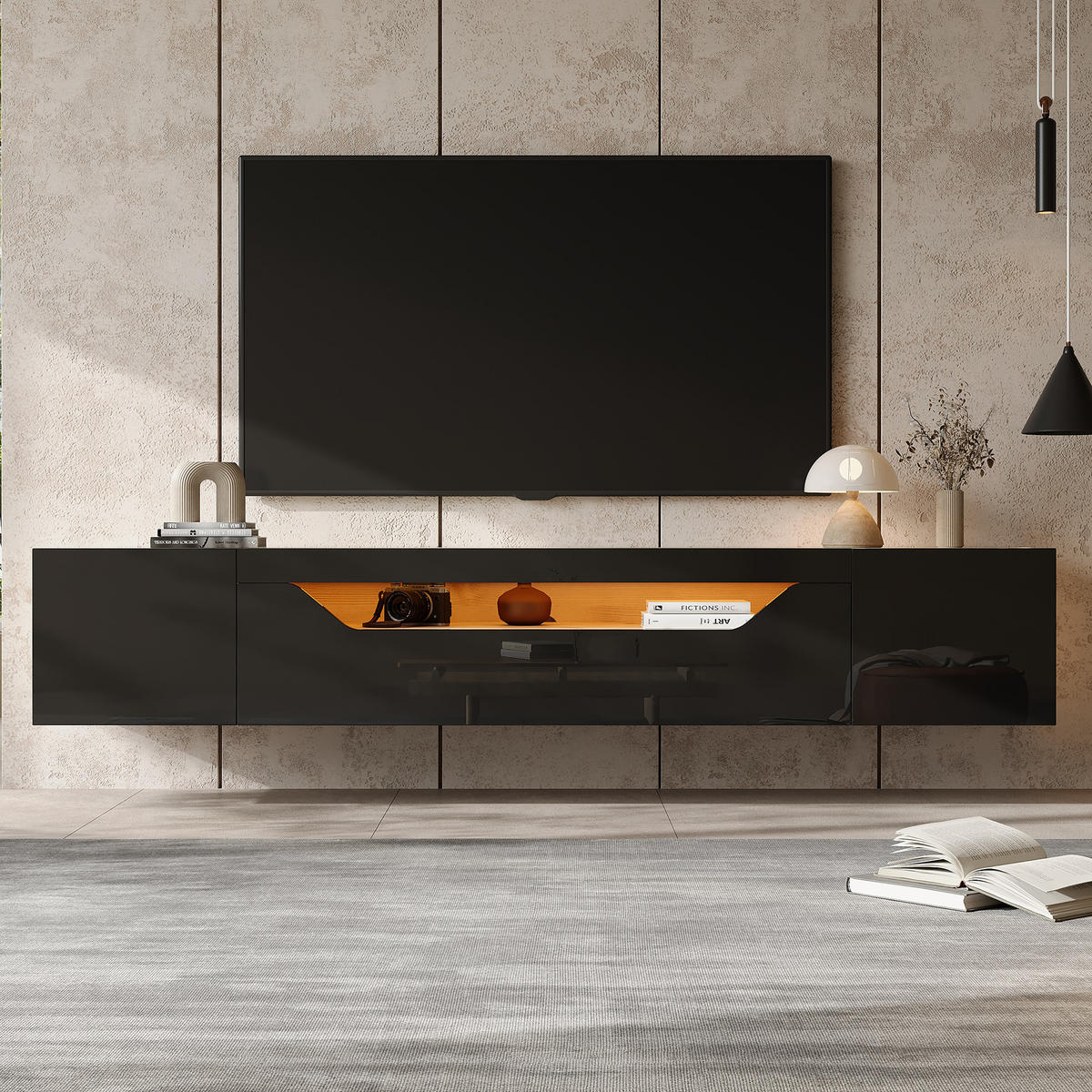 TV-LOWBOARD aus Spanplatte 180x37x36 cm Schwarz/Natur mit LED-Beleuchtung, wandmontiert und Hochglanzfront - Schwarz, Holzwerkstoff (180/36/37cm) - Modfu